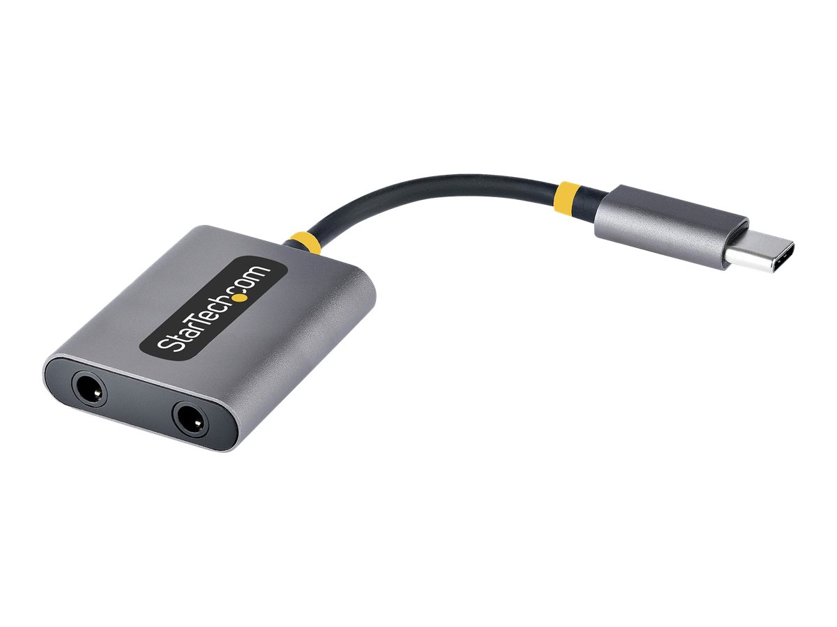 Startech USB-C Headphone Splitter, USB Type C Dual Headset Adapter w/Microphone Input, USB C to 3.5mm Adapter/Earphone Dongle, USB C to Audio Jack/Aux Output - Mic and Headset Controls, Built-in 24-bit DAC (USBC-AUDIO-SPLITTER) - Lydsplitter - USB-C han lige til ministik hun lige - 7 cm - sort, space grey