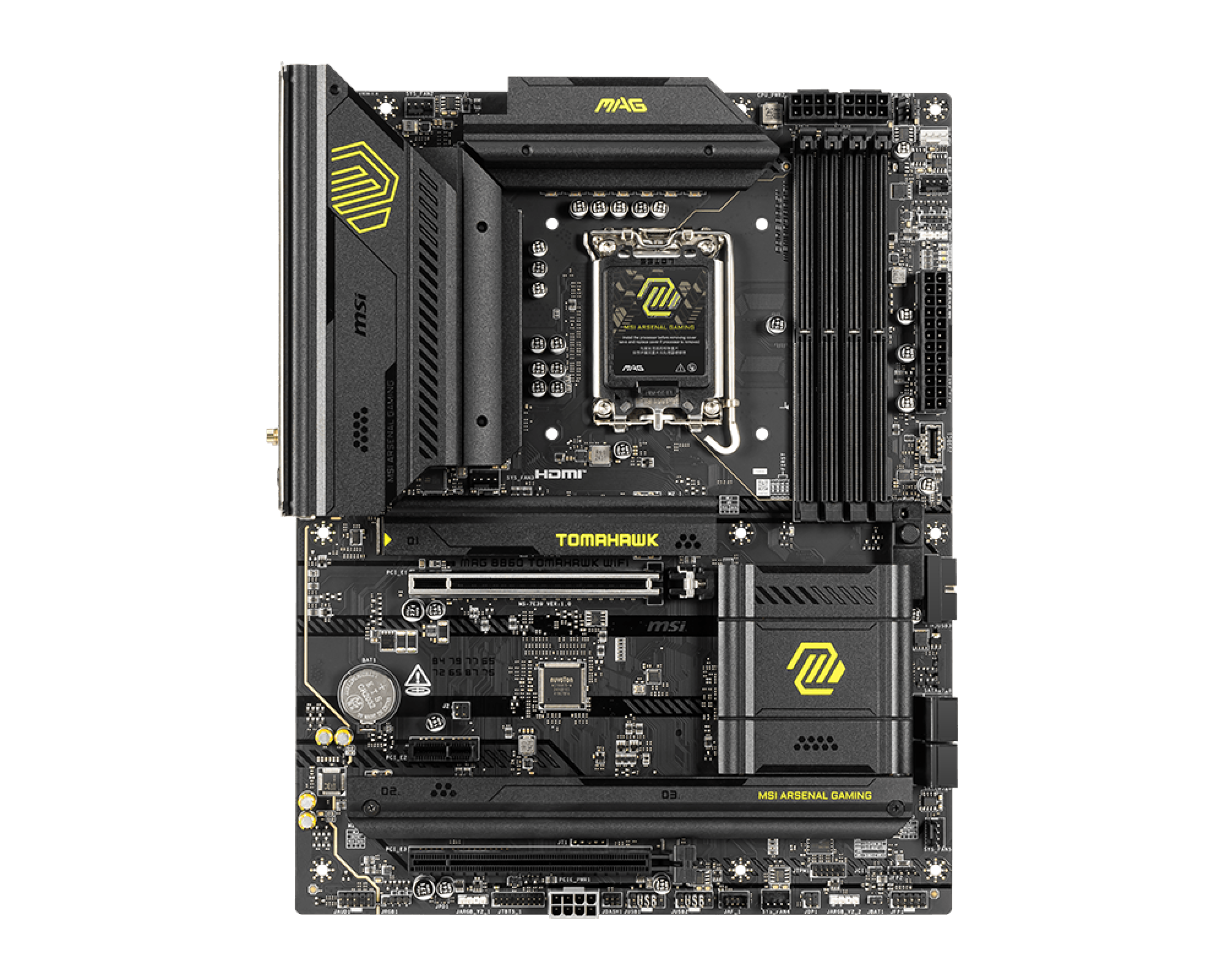 MSI MAG B860 TOMAHAWK WIFI - Bundkort - ATX - LGA1851 sokkel - B860 Chipset - USB4, USB 3.2 Gen 1, USB 3.2 Gen 2, USB-C 3.2 Gen2 - 5 Gigabit Ethernet, Wi-Fi 7, Bluetooth - onboard grafik (CPU påkrævet) - HD Audio (8-kanaler)