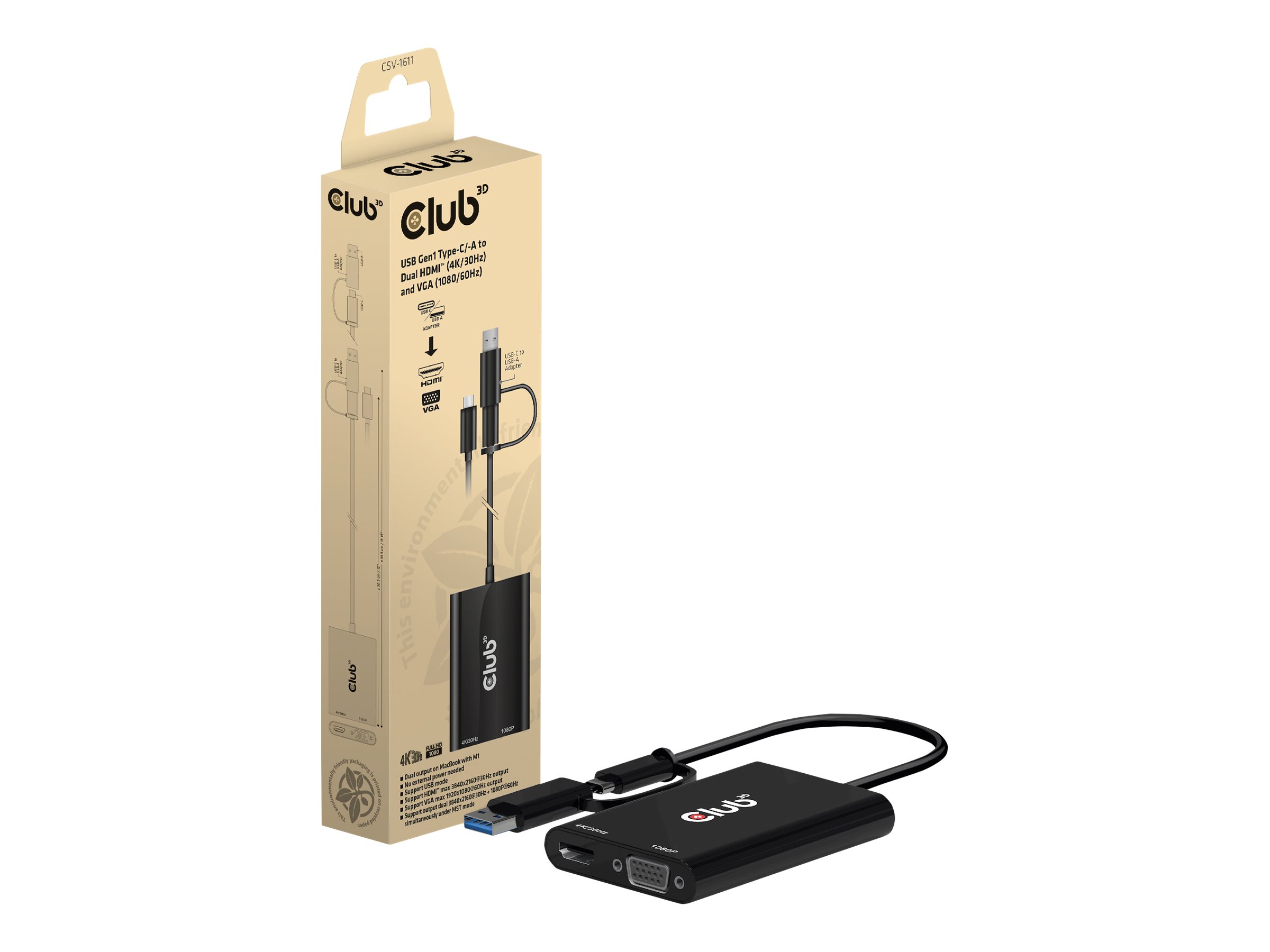 Club 3D - Videoadapter - USB-C, USB Type A (han) til HDMI, HD-15 (VGA) (hun) - 4K30 Hz (3840 x 2160) support (HDMI), 1080p support 60 Hz (VGA), Dobbeltskærmdrift