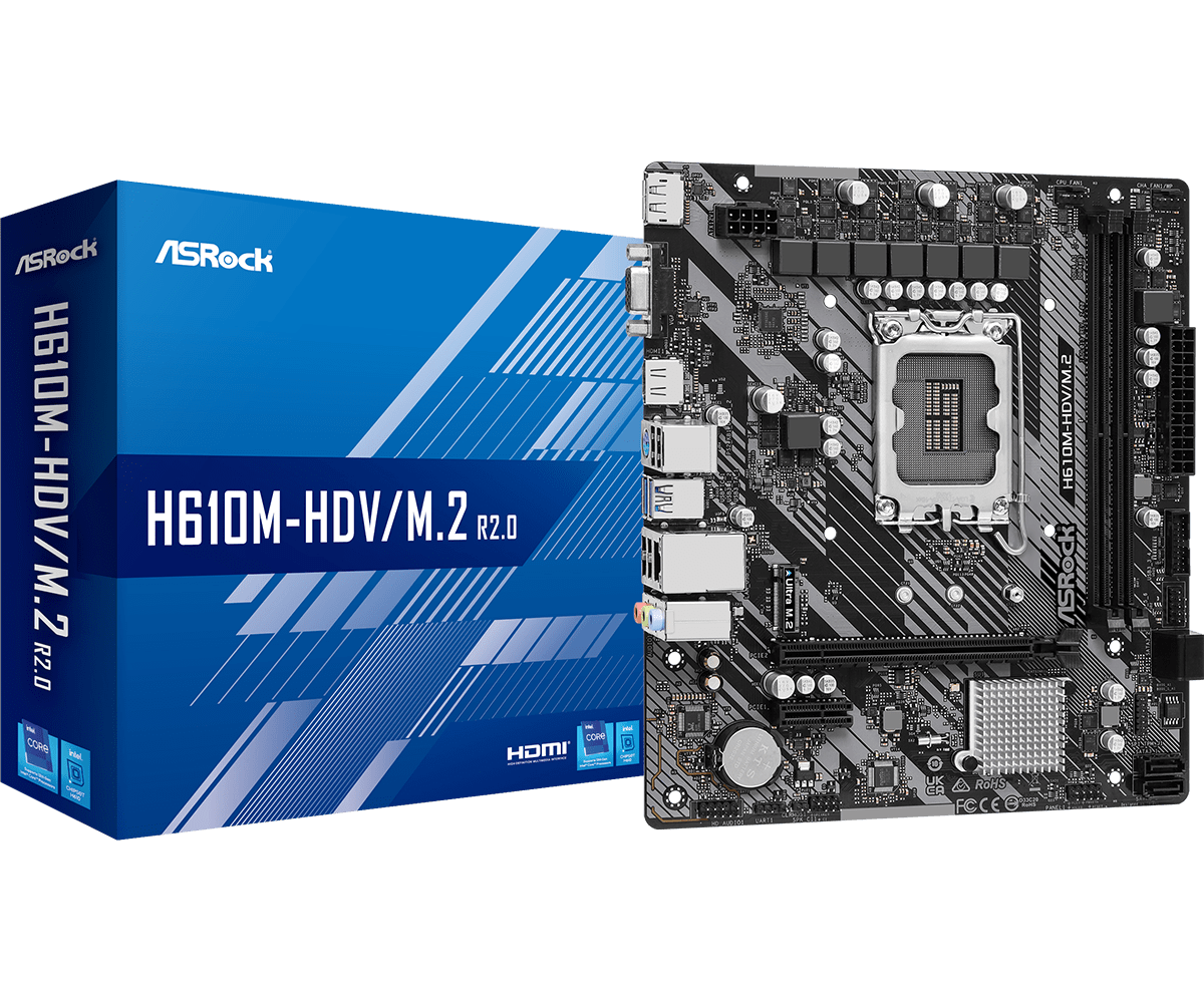 ASRock H610M-HDV/M.2 - Bundkort - micro ATX - LGA1700 sokkel - H610 Chipset - USB 3.2 Gen 1 - Gigabit LAN - onboard grafik (CPU påkrævet) - HD Audio (8-kanaler)