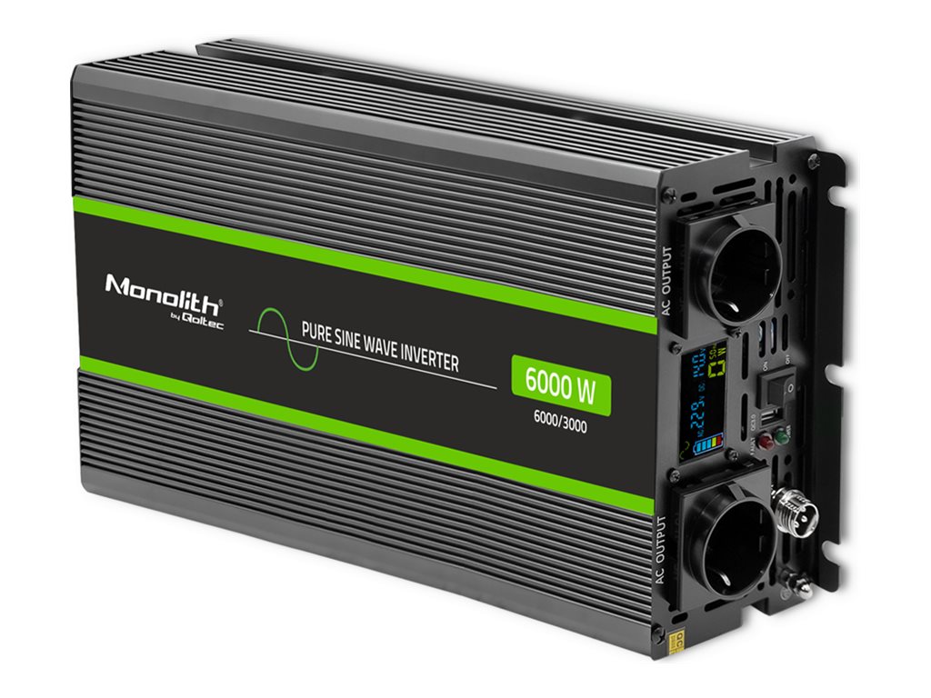 Qoltec Monolith - DC til AC inverter - ren sinusbølge, LCD - 24 V - 3000 Watt - output-stikforbindelser: 2