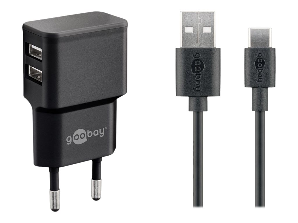 Goobay USB-C™ Dual laddningssats (12 W) Strömförsörjning med 2x USB-uttag och USB Type-C™ 1 m kabel (svart)
