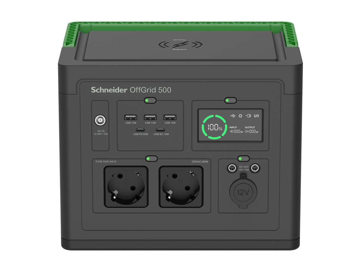 Schneider OffGrid 500 - Transportabel strømstation - LCD, lithium-ion, 2 CEE 7/3 schuko stik, sinusbølge, 3 USB-A, 2 USB-C, trådløs oplader - AC 195 - 265 / DC 12 -30 V - 500 Watt - Litiumion - 517 Wh - output-stikforbindelser: 2 - sort, grøn