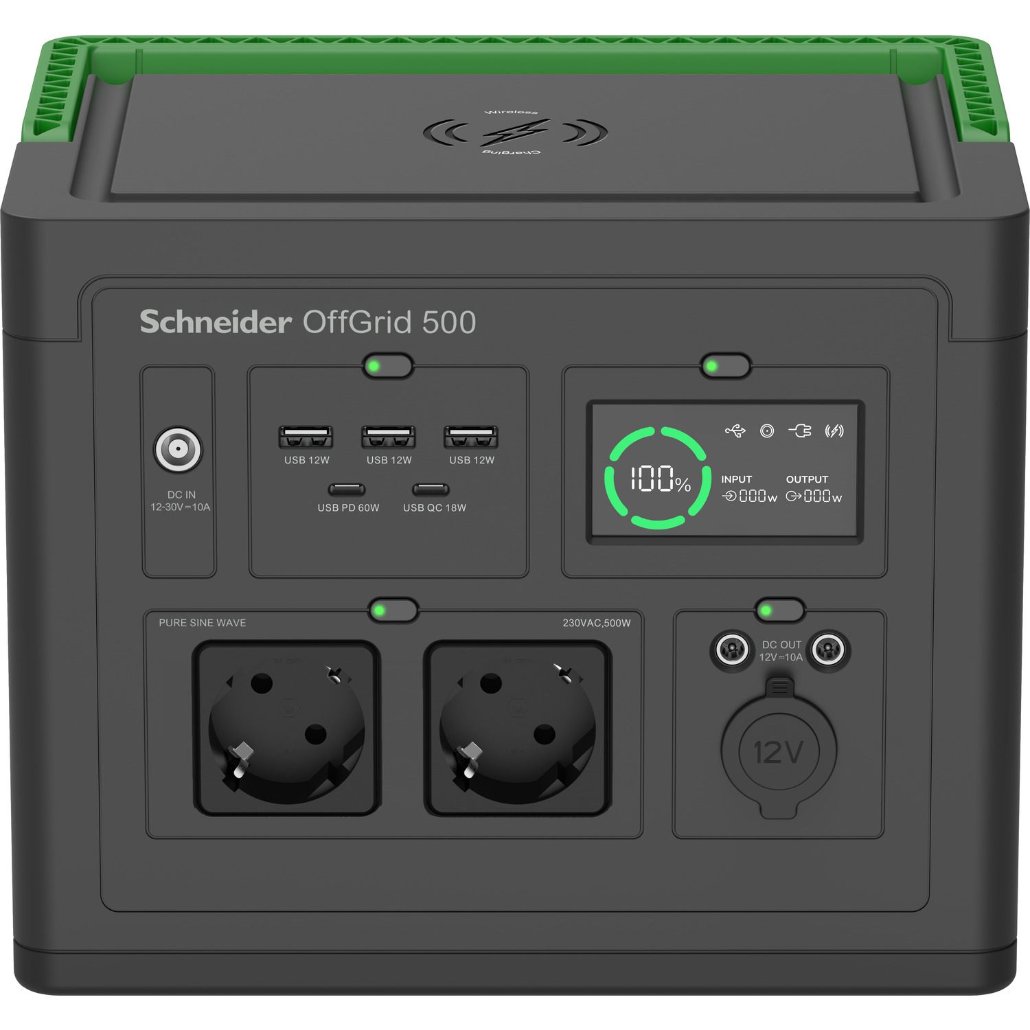 Schneider OffGrid 500 - Transportabel strømstation - LCD, lithium-ion, 2 CEE 7/3 schuko stik, sinusbølge, 3 USB-A, 2 USB-C, trådløs oplader - AC 195 - 265 / DC 12 -30 V - 500 Watt - Litiumion - 517 Wh - output-stikforbindelser: 2 - sort, grøn