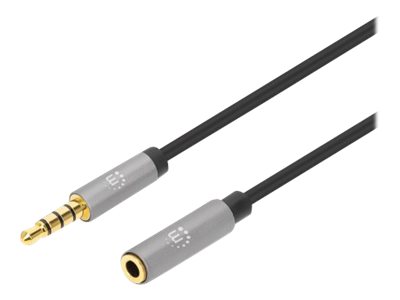 Manhattan Stereo Audio 3.5mm Extension Cable, 3m, Male/Female, Slim Design, Black/Silver, Premium with 24 karat gold plated contacts and pure