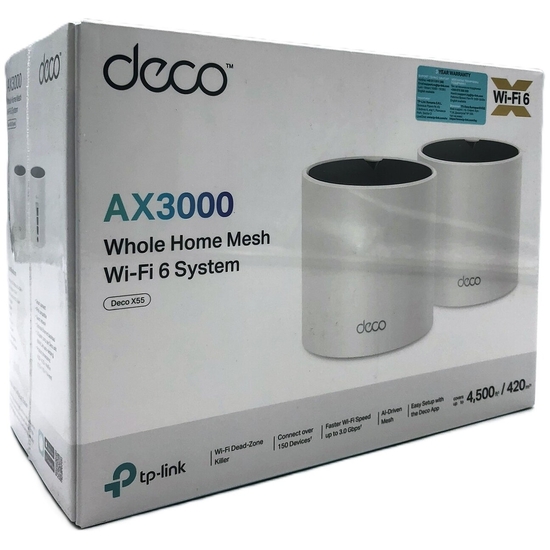 TP-Link DECO X55 (2-Pack), Hvid, Intern, Mesh-router, Dual-band (2,4 GHz / 5 GHz), Wi-Fi 6 (802.11ax), 3000 Mbit/s