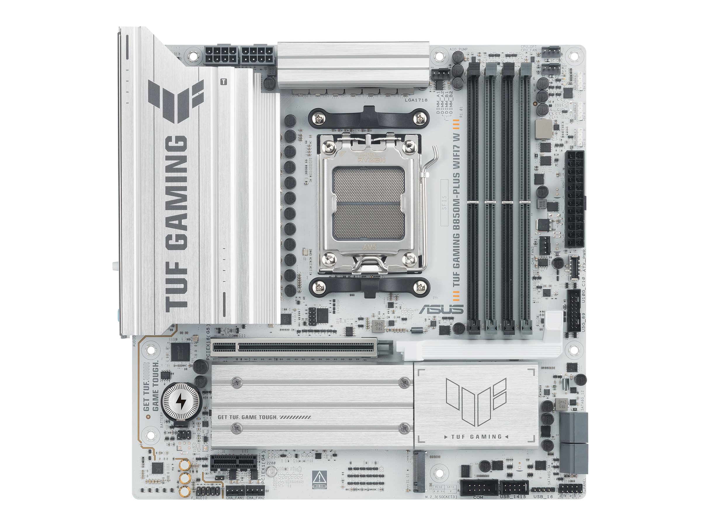ASUS TUF GAMING B850M-PLUS WIFI7 W - Bundkort - micro ATX - Socket AM5 - AMD B850 Chipset - USB-C 3.2 Gen 2x2, USB 3.2 Gen 2, USB 3.2 Gen 1, USB-C 3.2 Gen2 - Wi-Fi 7, Bluetooth, 2.5 Gigabit LAN - onboard grafik (CPU påkrævet) - HD Audio (8-kanaler)