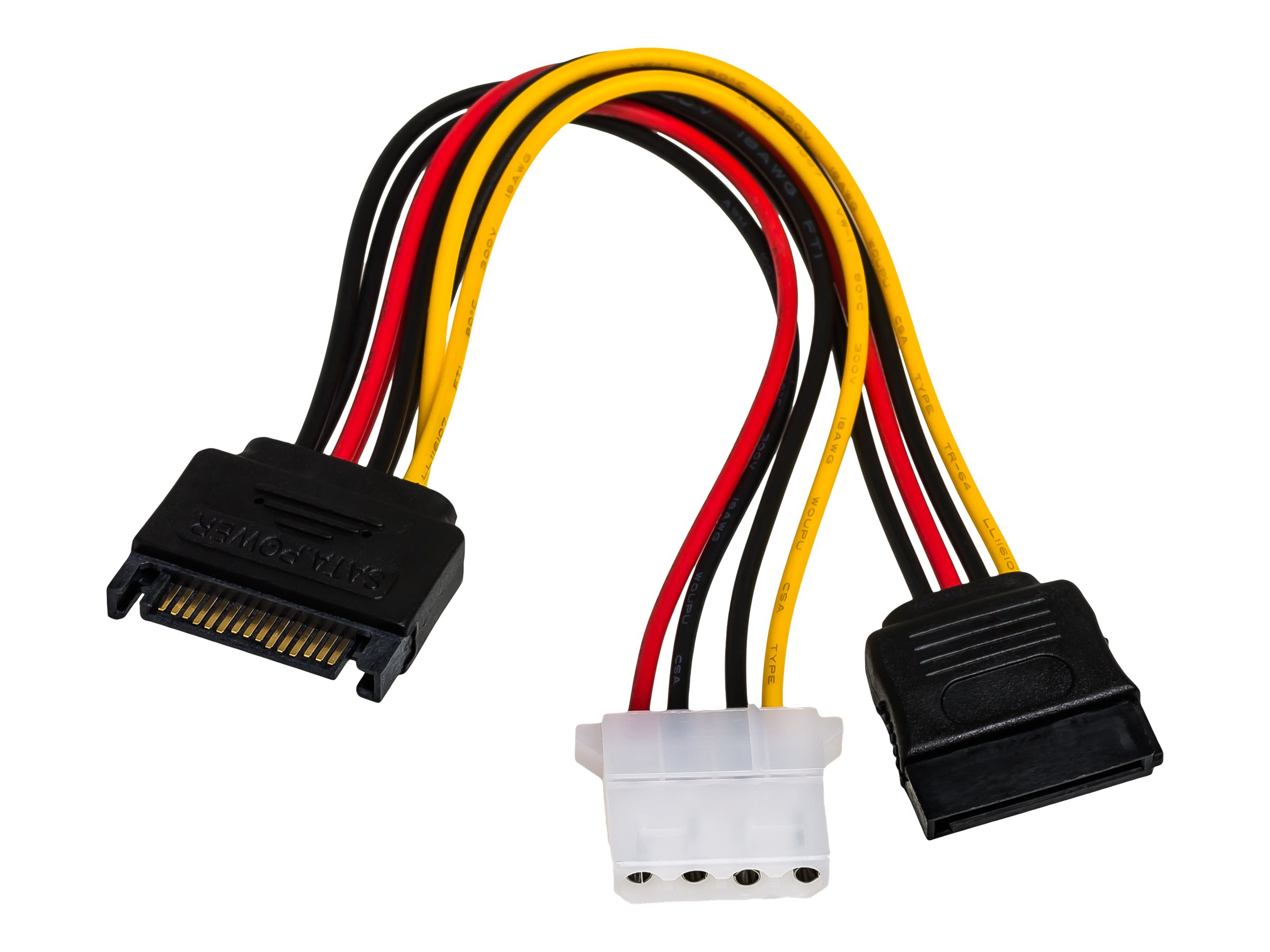 Akyga 15 pin Serial ATA strøm (male) - 4-PIN intern strøm 15 pin Serial ATA strøm (female) Sort Rød Gul 15cm Strømforsyningsadapter