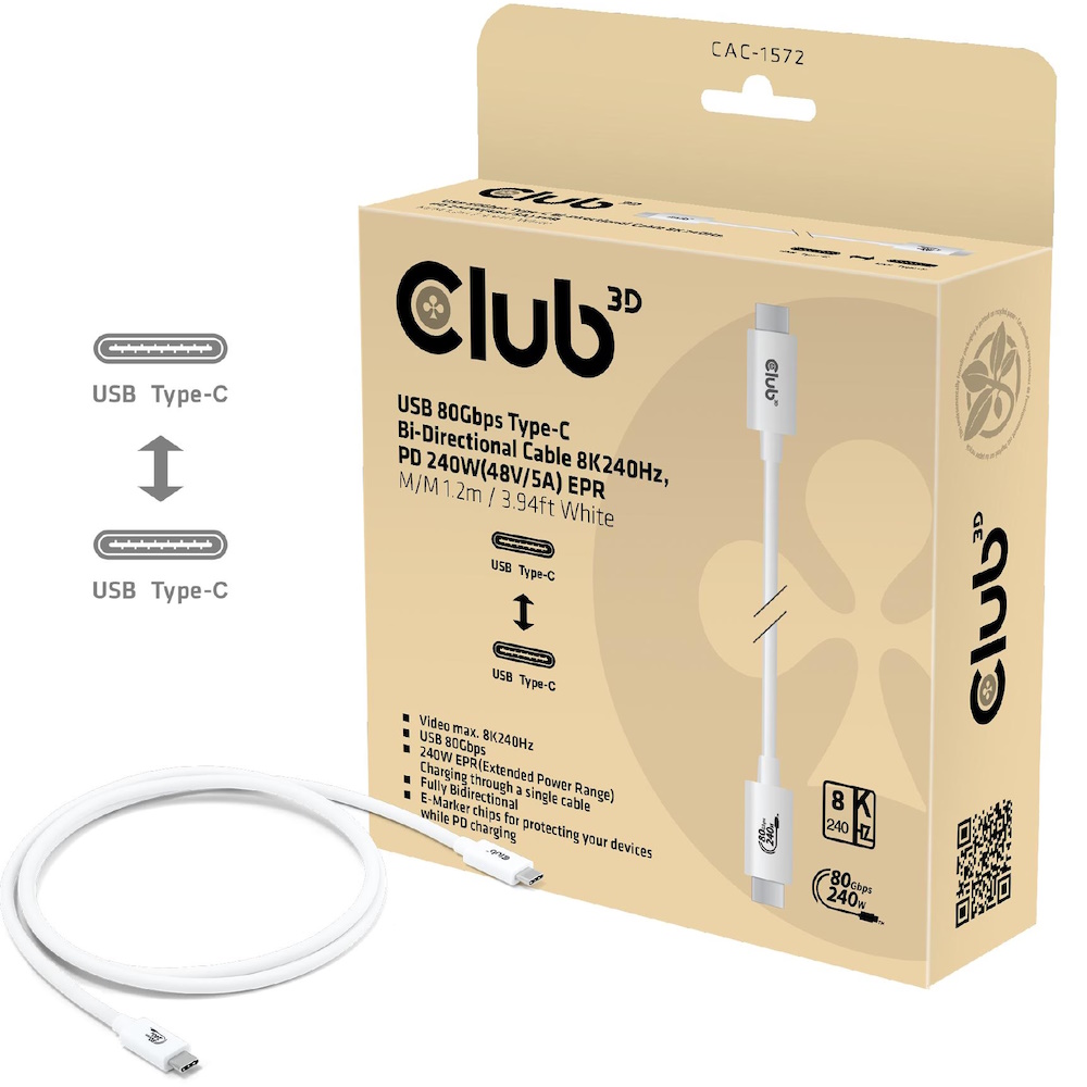 Club3D CAC-1570 USB4 USB-C til USB-C 1,2m 240W 8K240Hz Hvid