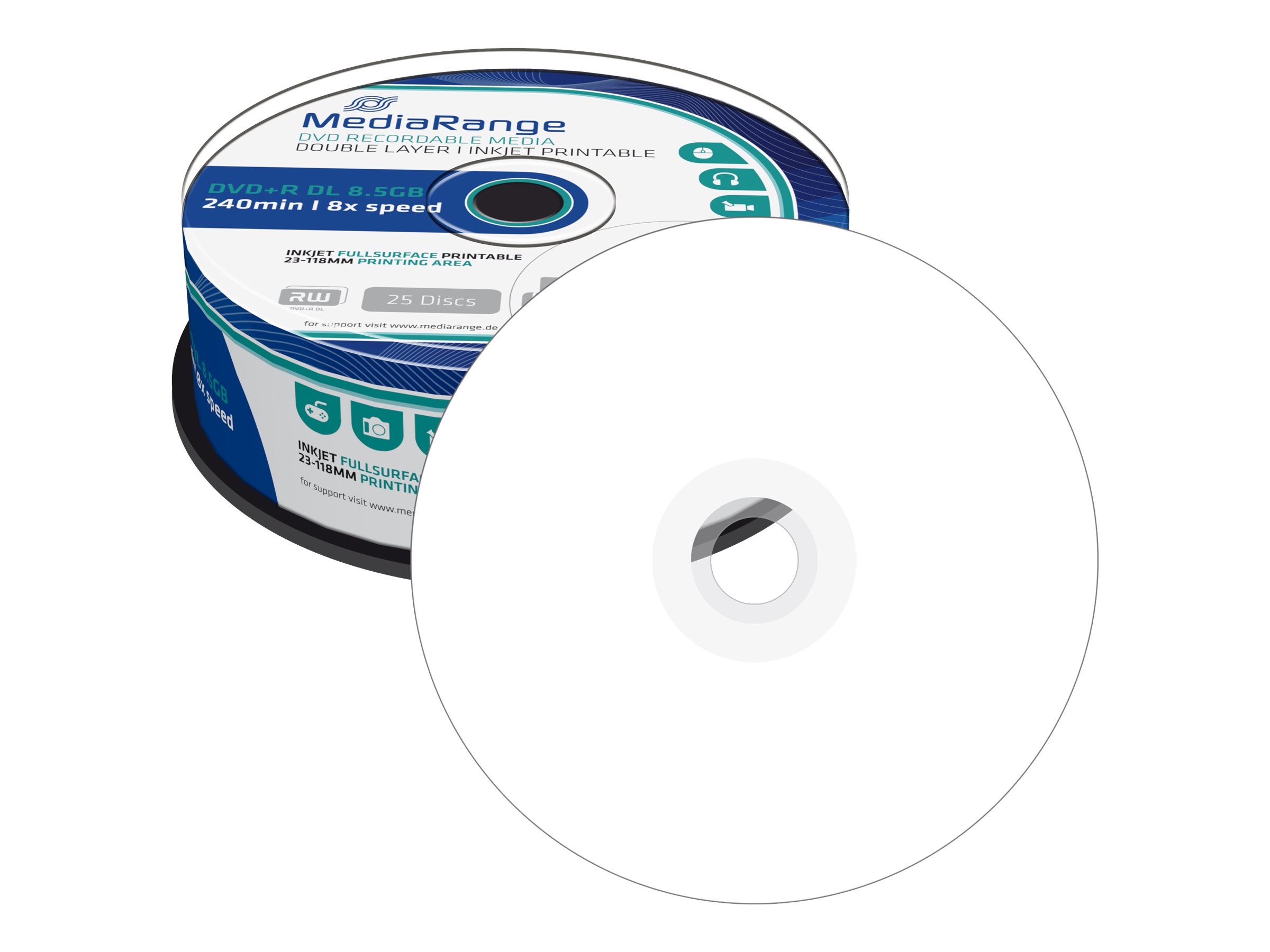 MediaRange - 25 x DVD+R DL - 8.5 GB (240min) 8x - hvid - printbar overflade for ink jet - spindle