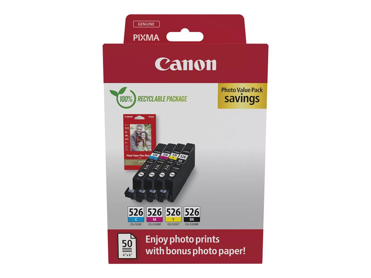 Canon CLI 526 C/M/Y/BK Photo Value Pack Sort Gul Cyan Magenta Blækbeholder / papirsæt billede