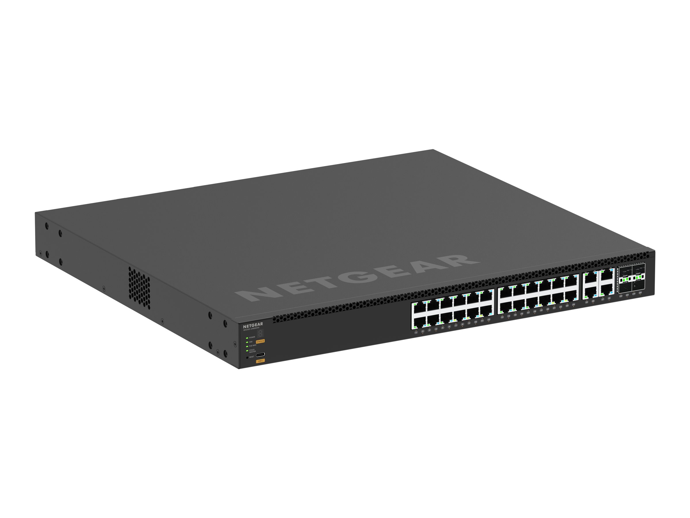NETGEAR M4350-24M4X4V - Switch - L3 - Administreret - 24 x 100/1000/2.5G (PoE++) + 4 x 100/1000/2.5G/5G/10G (PoE++) + 4 x 25 Gigabit SFP28 - front til ryg-luftstrøm - desktop, monterbar på stativ - PoE++ (522 W)