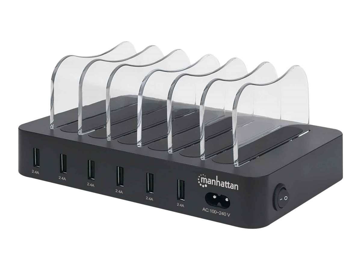 IC INTRACOM Manhattan Charging Station 6x USB-A Ports Outputs: 6x 2.4A Smart IC LED Indicator Lights Black Three Year Warranty Box