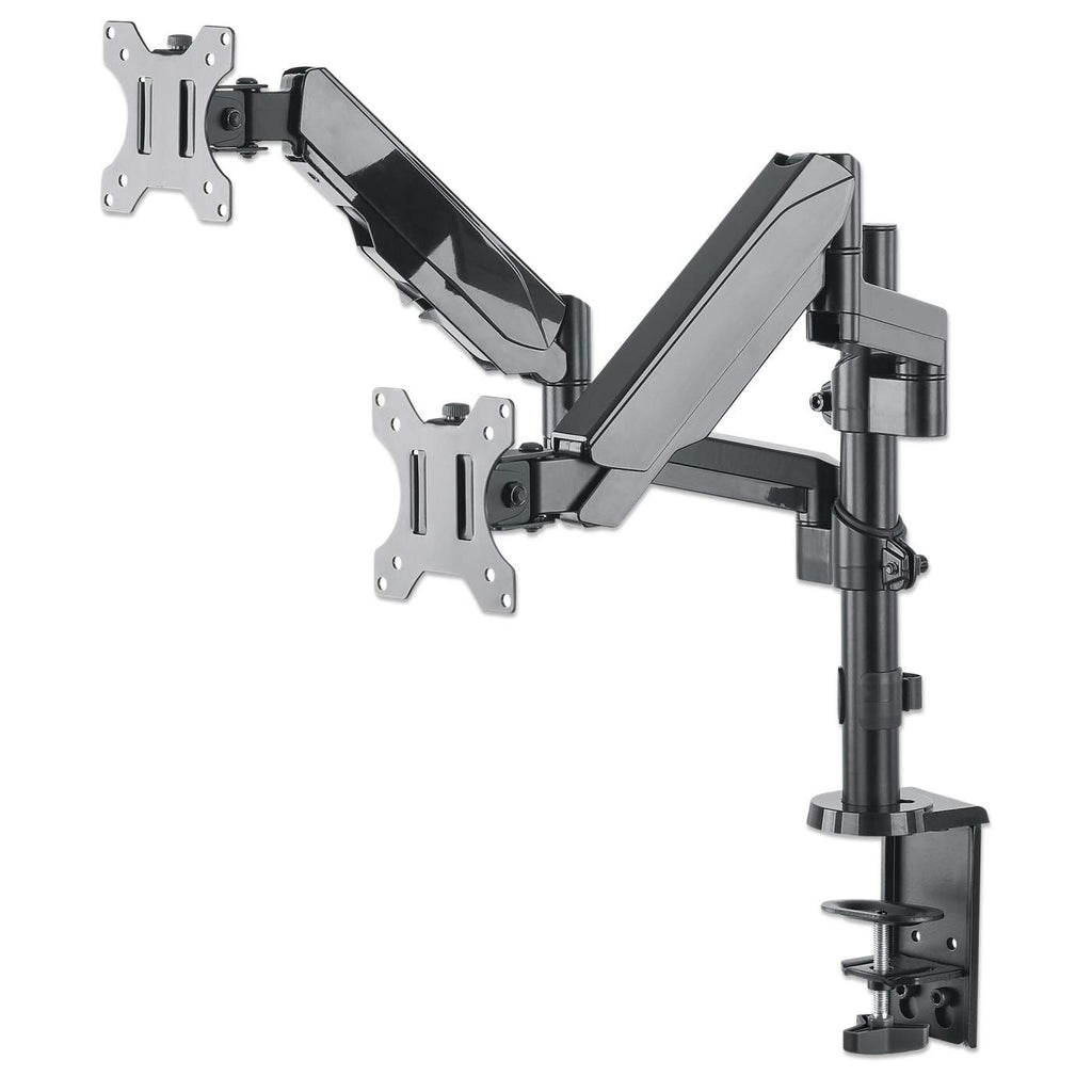 Manhattan TV & Monitor Mount, Desk, Full Motion (Gas Spring), 2 screens, Screen Sizes: 10-27", Black, Clamp or Grommet Assembly, Dual Screen, VESA
