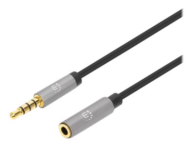 Manhattan Stereo Audio 3.5mm Extension Cable, 1m, Male/Female, Slim Design, Black/Silver, Premium with 24 karat gold plated contacts and pure