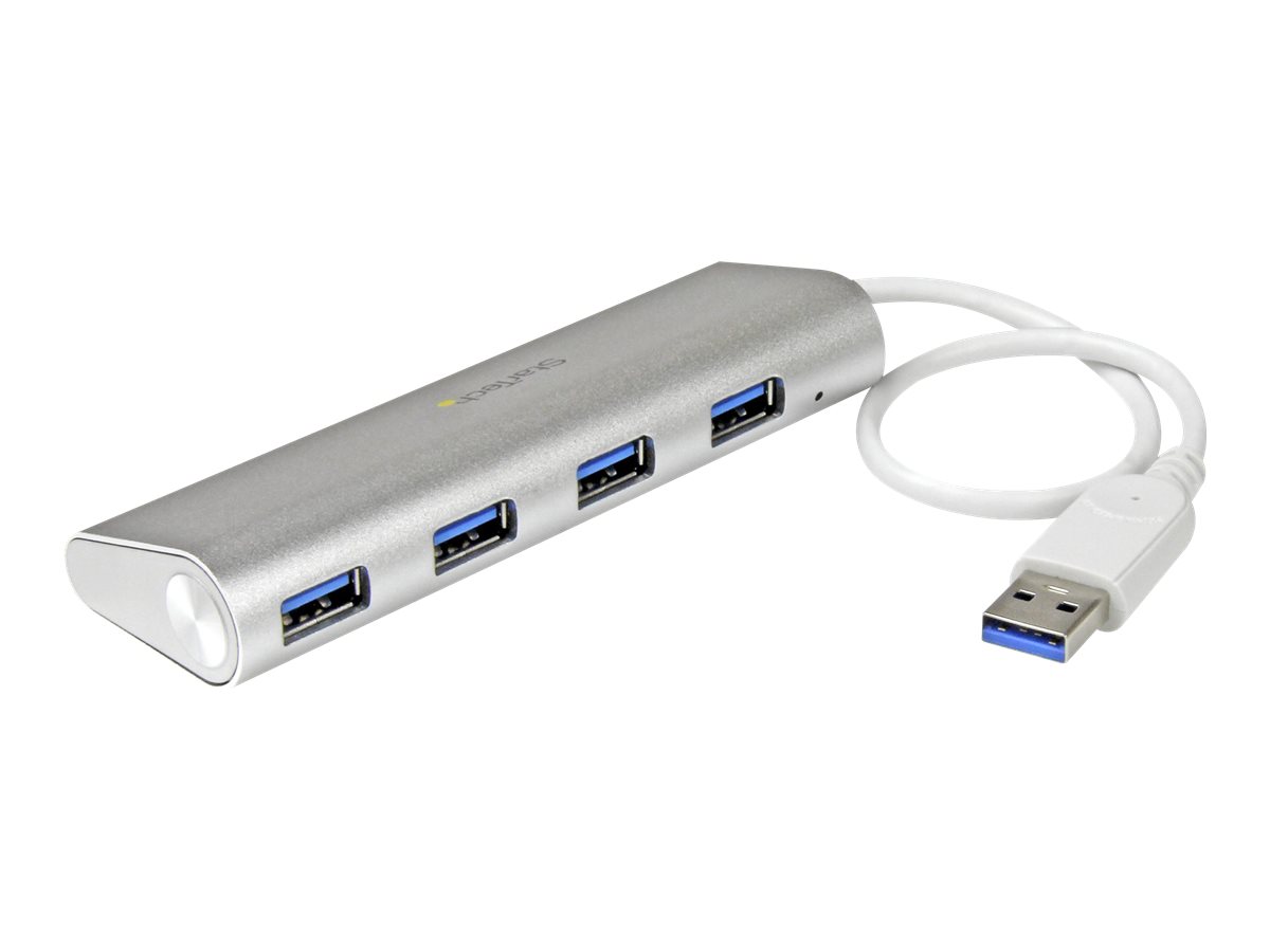 StarTech.com 4 Port Portable USB 3.0 Hub with Built-in Cable - Aluminum and Compact USB Hub (ST43004UA) Sølv Hvid