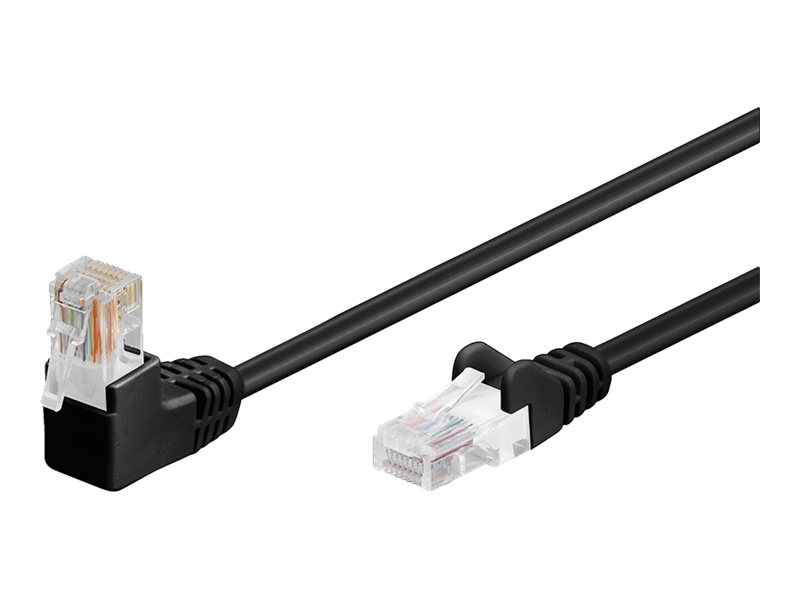 Goobay Netværkskabel CAT 5e vinklet 1x 90°, U/UTP, sort, 2 m kobberbeklædt aluminiumleder (CCA), 1x RJ45-stik 90 ° (8P8C)