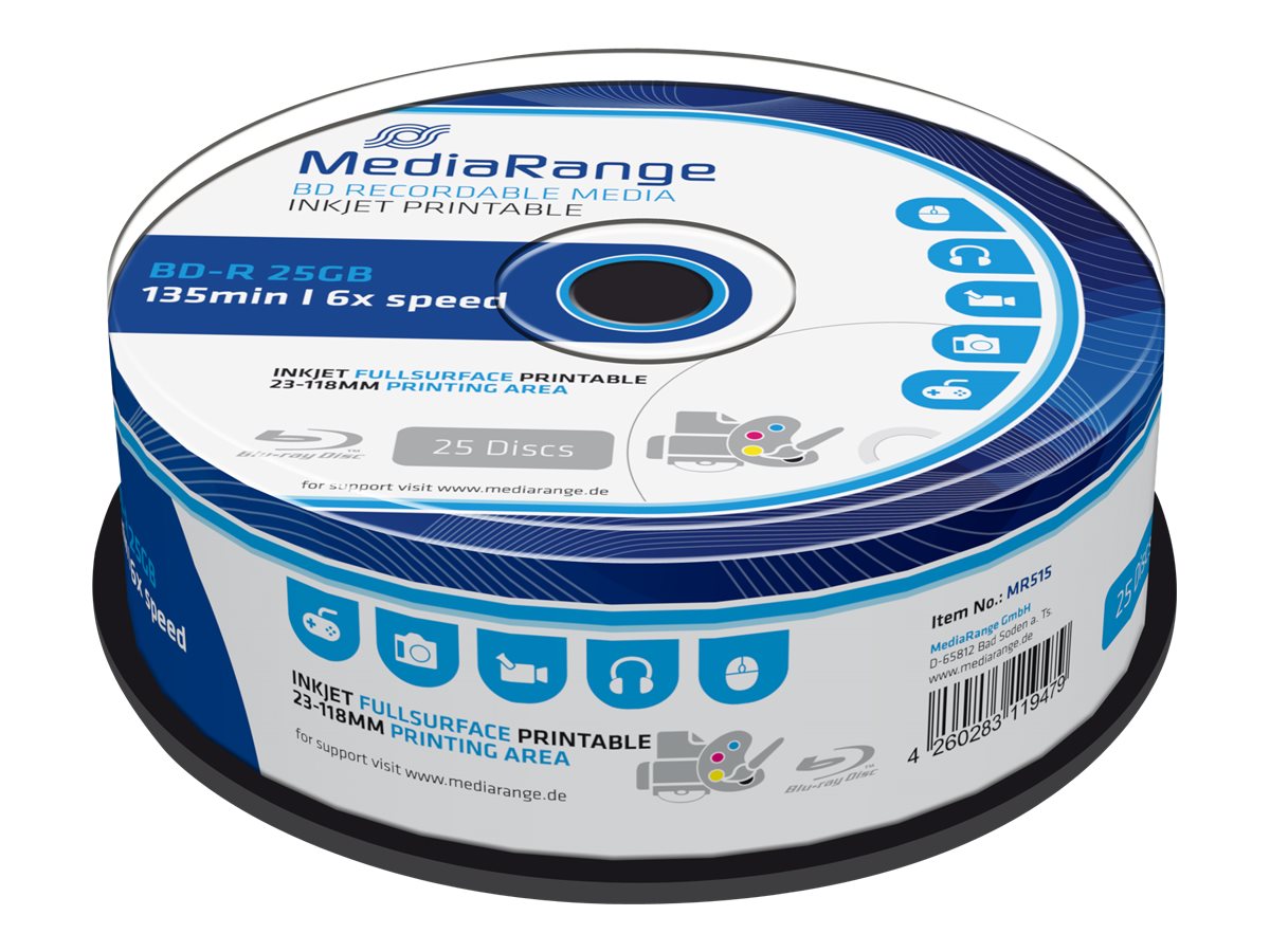 MediaRange - 25 x BD-R - 25 GB 6x - printbar overflade for ink jet - spindle