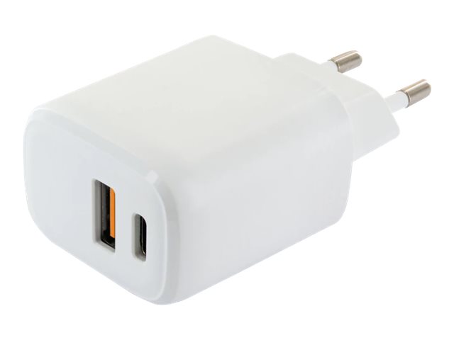 Schwaiger - Strømforsyningsadapter - 230 V hurtigoplader - 20 Watt - 3 A - PD - 2 output-stikforbindelser (USB-C, USB) - hvid