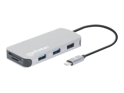 Manhattan USB-C Dock/Hub with Card Reader, Ports (x6): Ethernet, HDMI, USB-A (x3) and USB-C, With Power Delivery (10W) to USB-C Port (Note additional