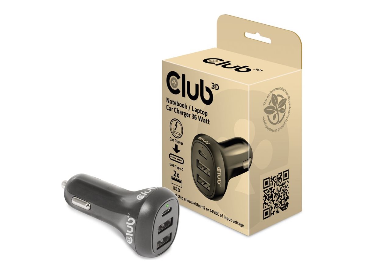 Club 3D CAC-1921 36Watt Bilstrømsadapter 2xUSB-A 1xUSB-C Sort