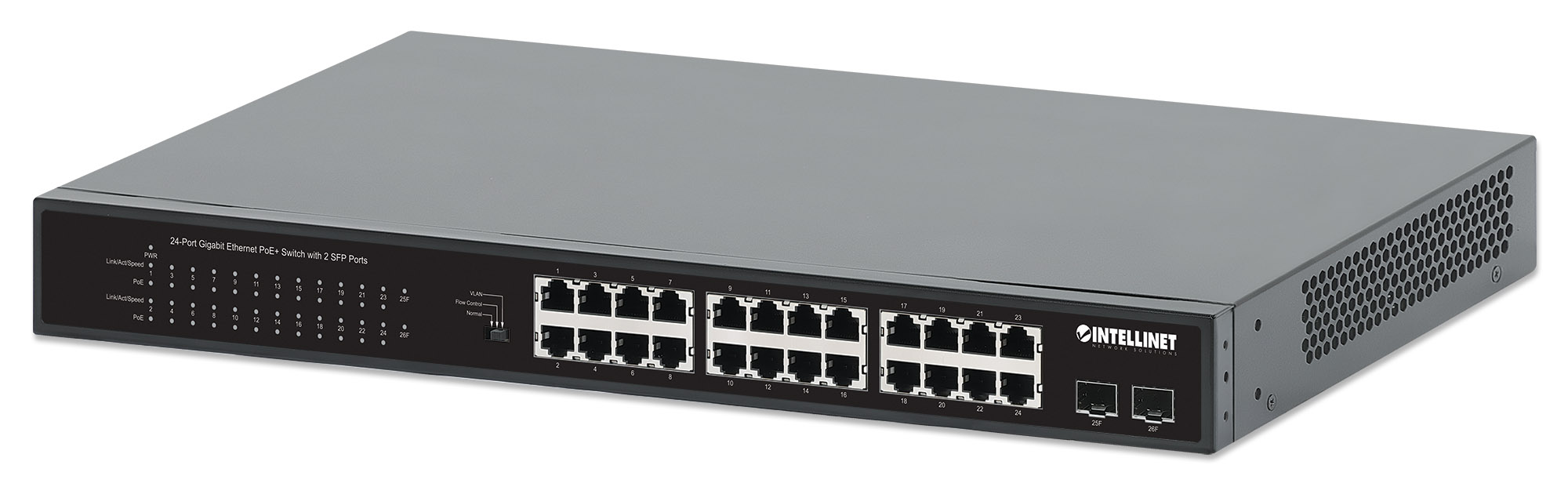 Netværksswitch Intellinet 24-port Gigabit PoE+ med 2 SFP, 19" rackmount