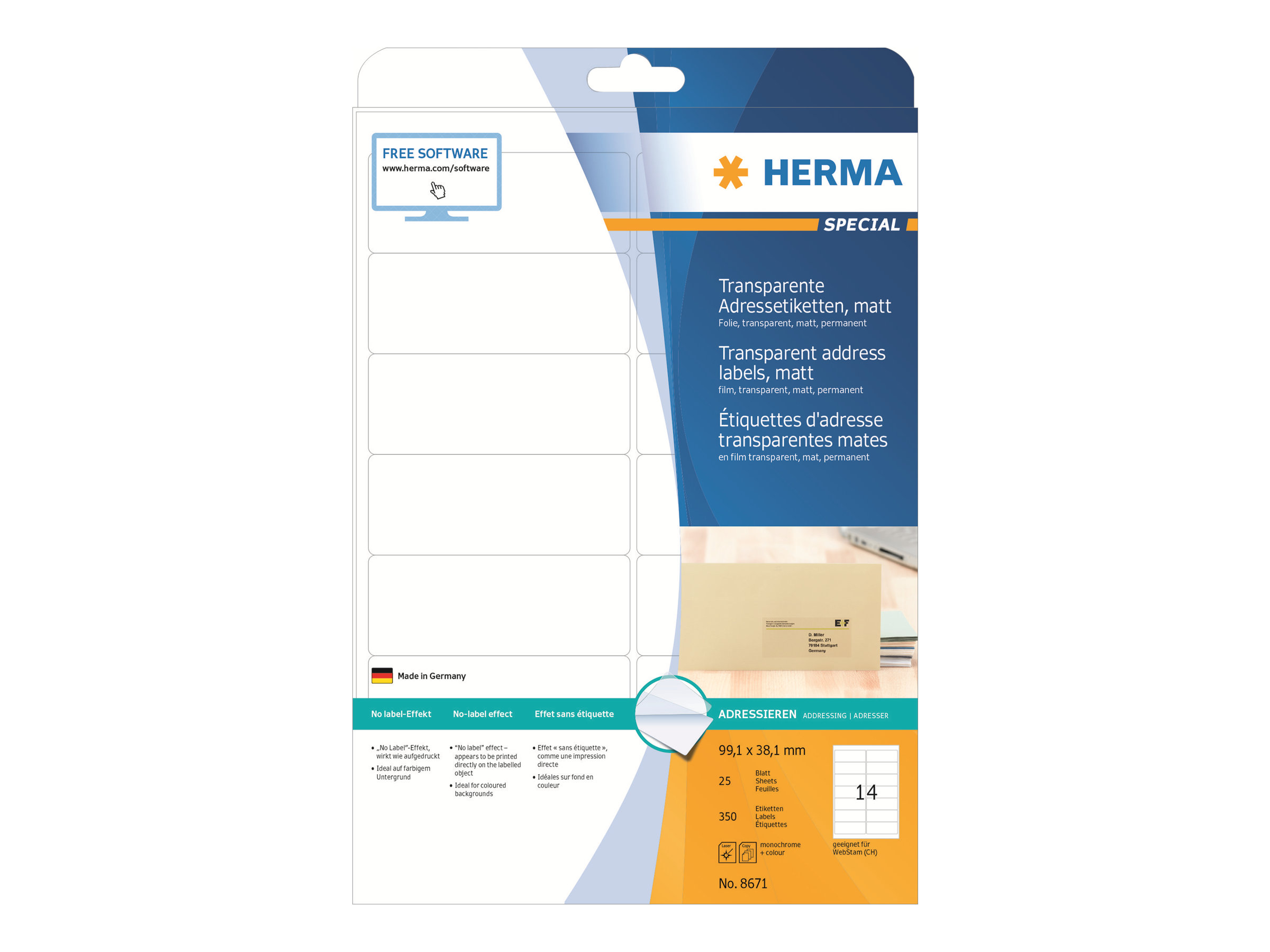 HERMA Special - Mat - selv-klæbende - gennemsigtig - 99.1 x 38.1 mm 350 etikette(r) (25 ark x 14) adresseetiketter
