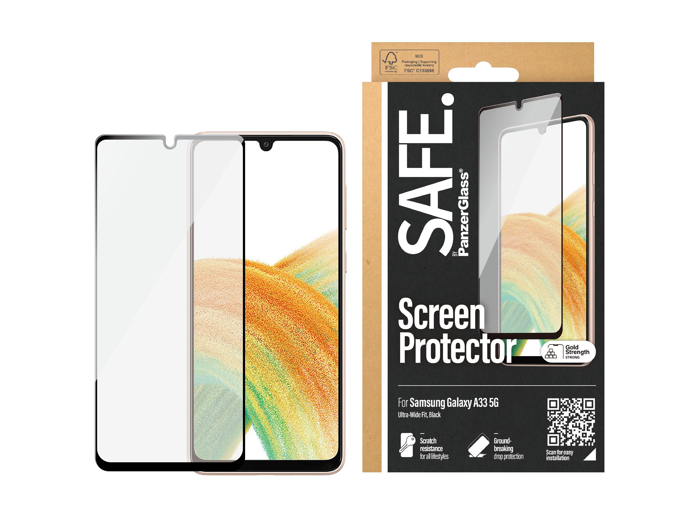 SAFE. by PanzerGlass™ | Case-Friendly - Skærmbeskytter for mobiltelefon - Edge-to-Edge fit - rammefarve sort | Samsung Galaxy A33 5G