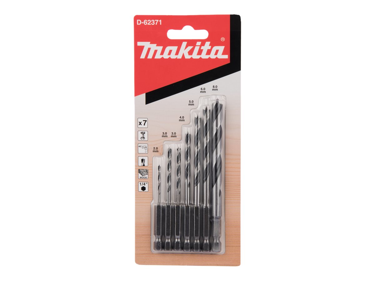 Makita - Borebitsæt - for træ - 7 stykker - 5 mm, 6 mm, 8 mm, 4 mm, 3 mm, 2 mm - 1/4 - sekskantet - længde: 75 mm, 100 mm, 110 mm, 115 mm, 90 mm, 69 mm - for Makita DTD172RTJ