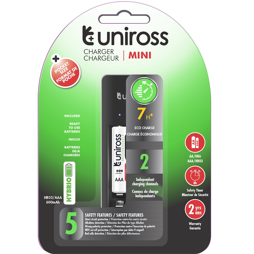 Uniross Mini AA+AAA Batterioplader + 2 AAA Batterier