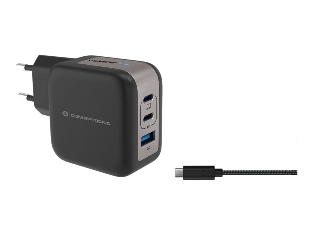 Conceptronic 3-port 67 W GaN USB PD oplader med USB‑C kabel - 2× USB‑C, 1× USB‑A, QC 3.0, PPS