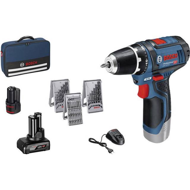 Bosch Professional-sæt: Batteridrevet bore-/skruemaskine GSR 12V-15 + 1 x 2,0 Ah- + 1 x 4,0 Ah-batteri + tilbehørssæt med 39 del