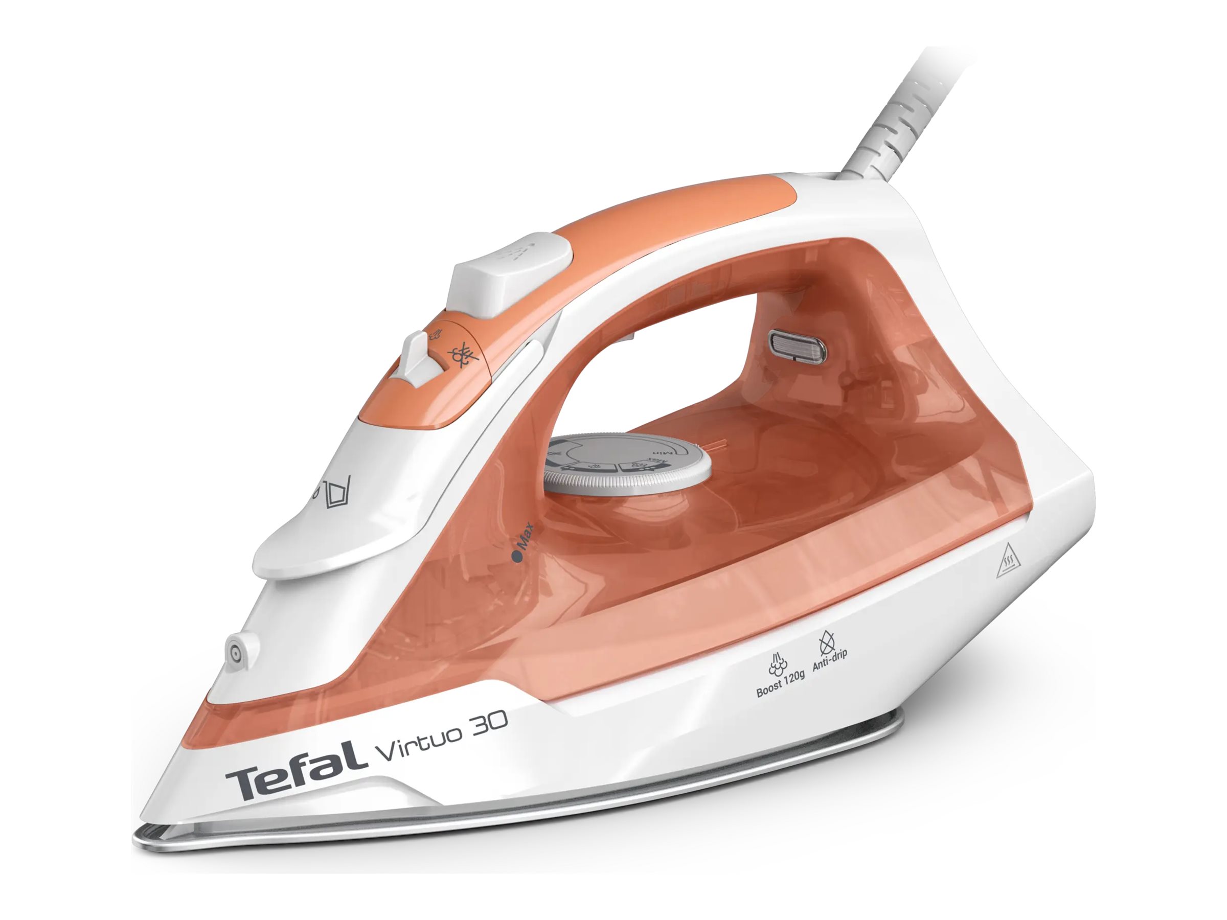 Tefal Virtuo 30 FV2C40E0, Tør & dampstrygejern, Keramisk strygesål, 1,9 m, 120 g/min, Fersken, Hvid, 27 g/min