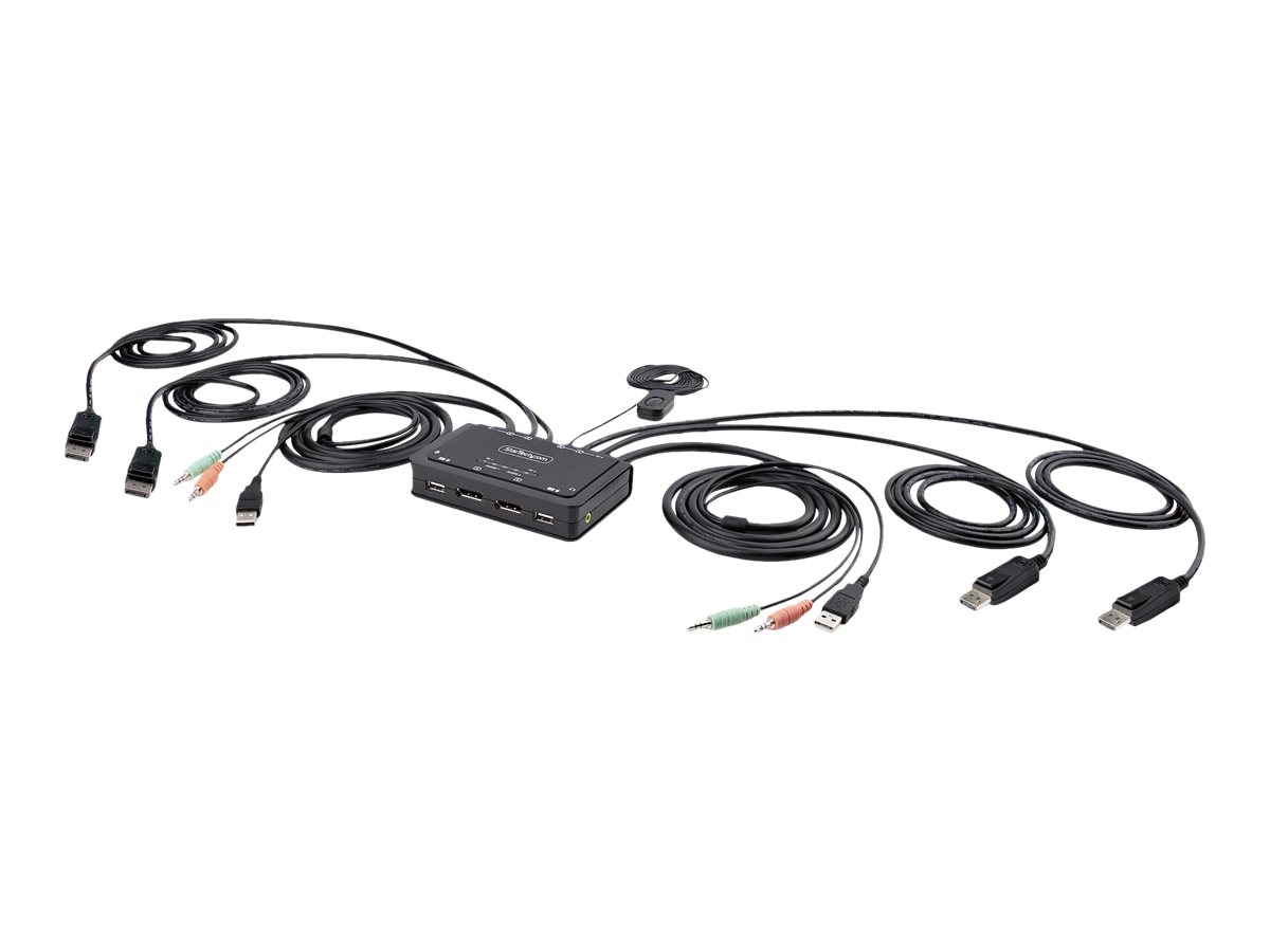 Startech 2-Port Dual-Monitor DisplayPort Cable KVM Switch, 4K 60Hz, Compact KVM with 5ft/1.5m USB-A/DisplayPort/Audio Integrated Cables, Bus Powered - Remote Push Button/Hotkey Switching (C2-DD46-UA2-CBL-KVM) - KVM / audio / USB switch - kompakt - 2 x KVM / audio / USB - 1 lokalbruger - desktop