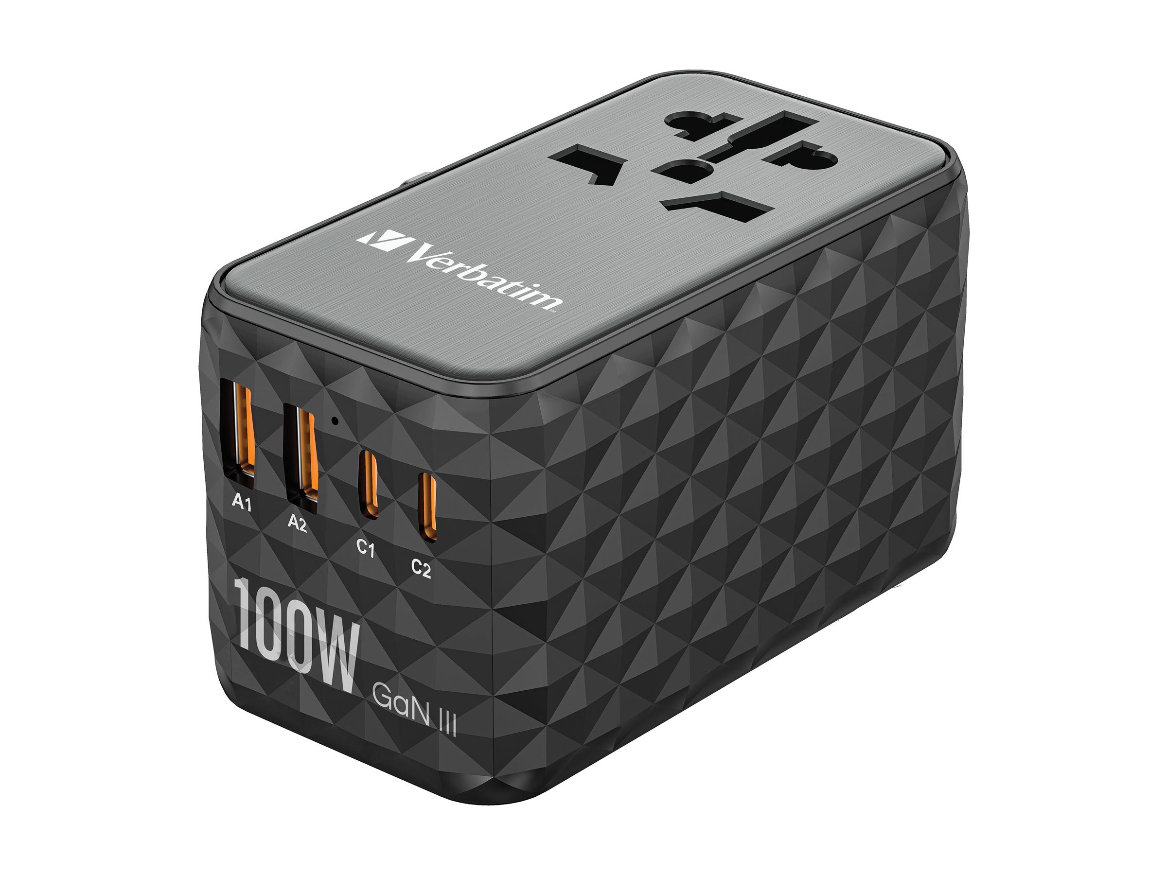 Verbatim UTA-06 - Strømforsyningsadapter - GaN III, universel - 100 Watt - 5 A - PD 3.0, QC 4.0+, QC 3.0, Fast Charge, Super Charge, Apple Fast Charge, PD/PPS, USB BC 1.2 - 4 output-stikforbindelser (2 x USB, 2 x USB-C) - sort
