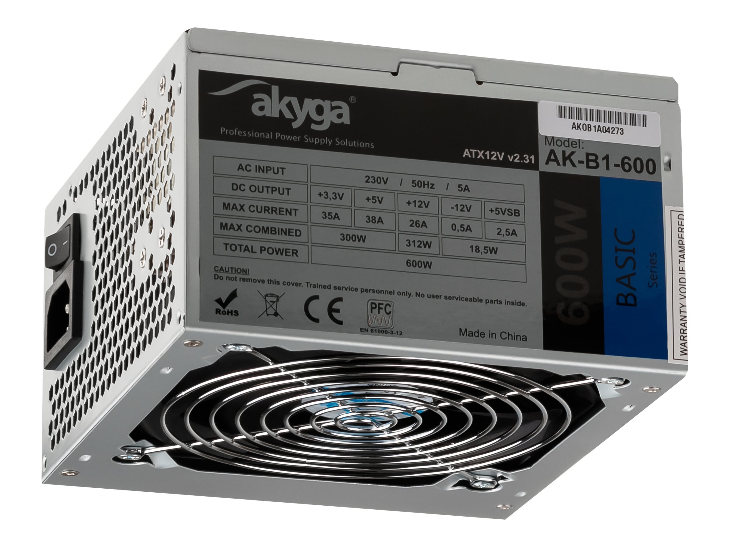 Akyga Basic Series AK-B1-600 - Strømforsyning (intern) - ATX12V 2.31 - AC 230 V - 600 Watt - PFC - grå