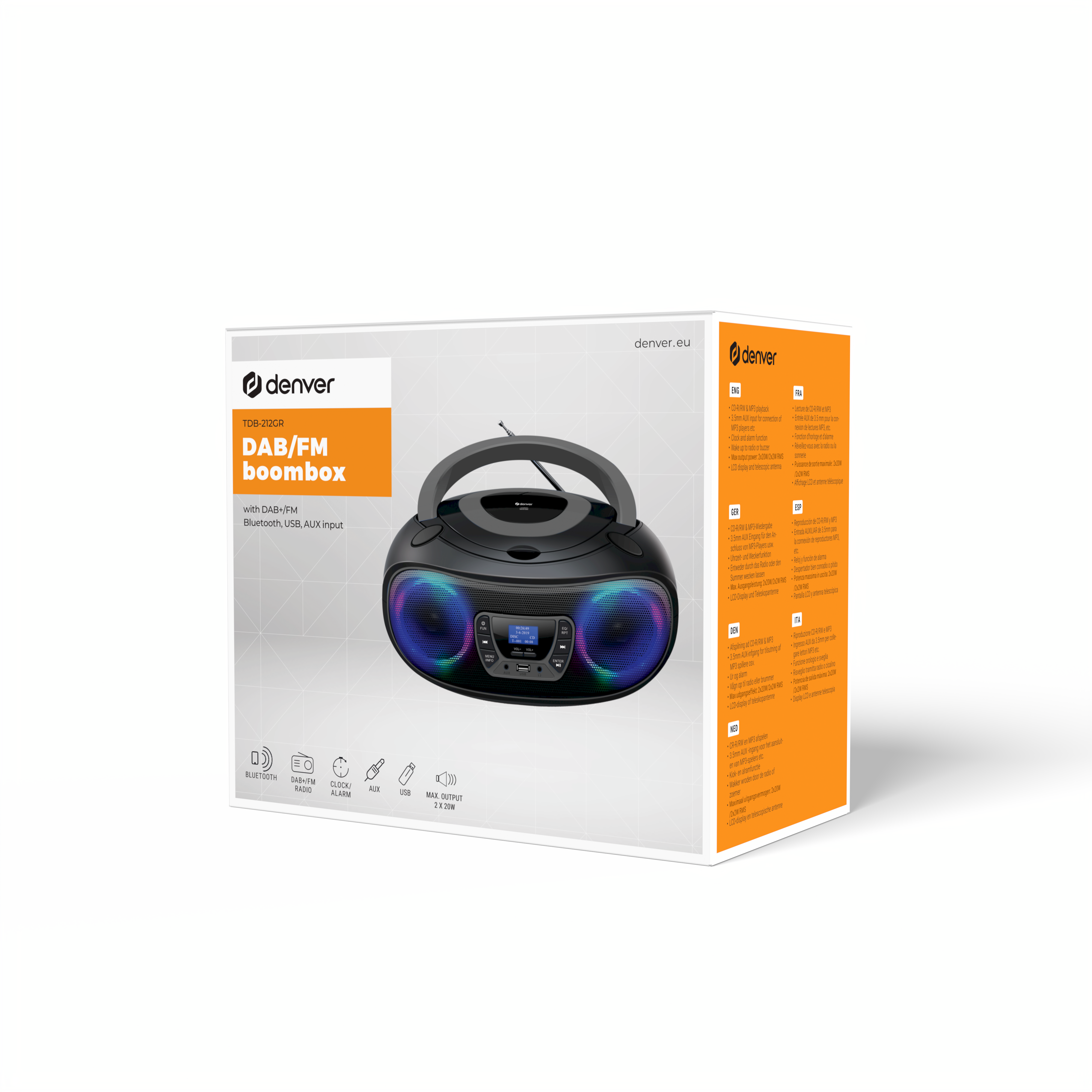 DENVER TDB-212GR - Grey - DAB+ Boombox with Bluetooth & CD Player