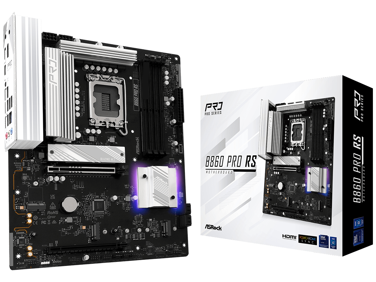 ASRock B860 PRO RS - Bundkort - ATX - LGA1851 sokkel - B860 Chipset - USB-C 3.2 Gen 2x2, USB-C 3.2 Gen2, USB 3.2 Gen 2, USB 3.2 Gen 1 - 2.5 Gigabit LAN, Bluetooth - onboard grafik (CPU påkrævet) - HD Audio (8-kanaler)