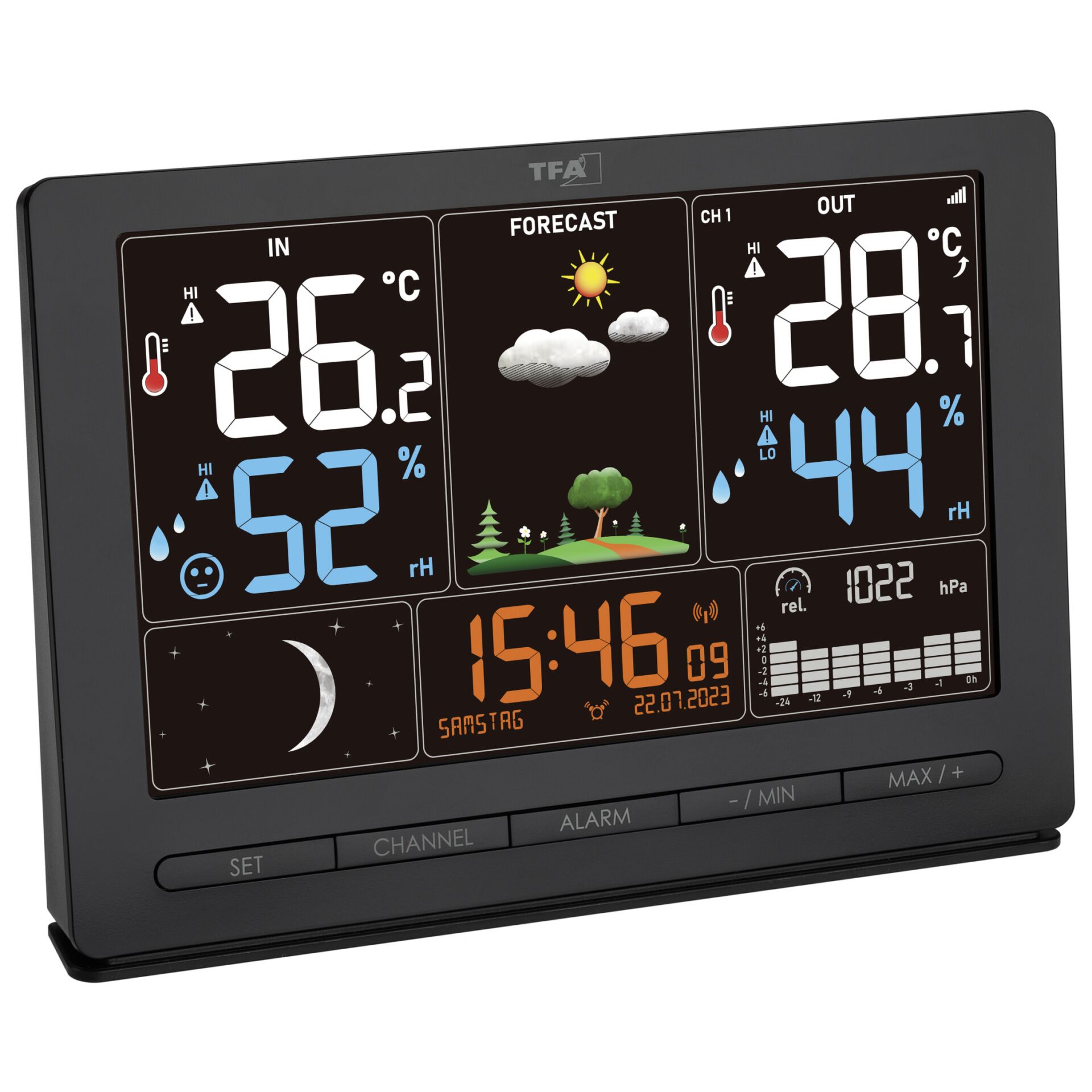 TFA-Dostmann Season 2, Sort, Indendørs hygrometer, Indendørs termometer, Udendørs barometer, Udendørs hygrometer, Udendørs..., Barometer, Hygrometer, Termometer, Barometer, Hygrometer, Termometer, Plast, 10 - 99%