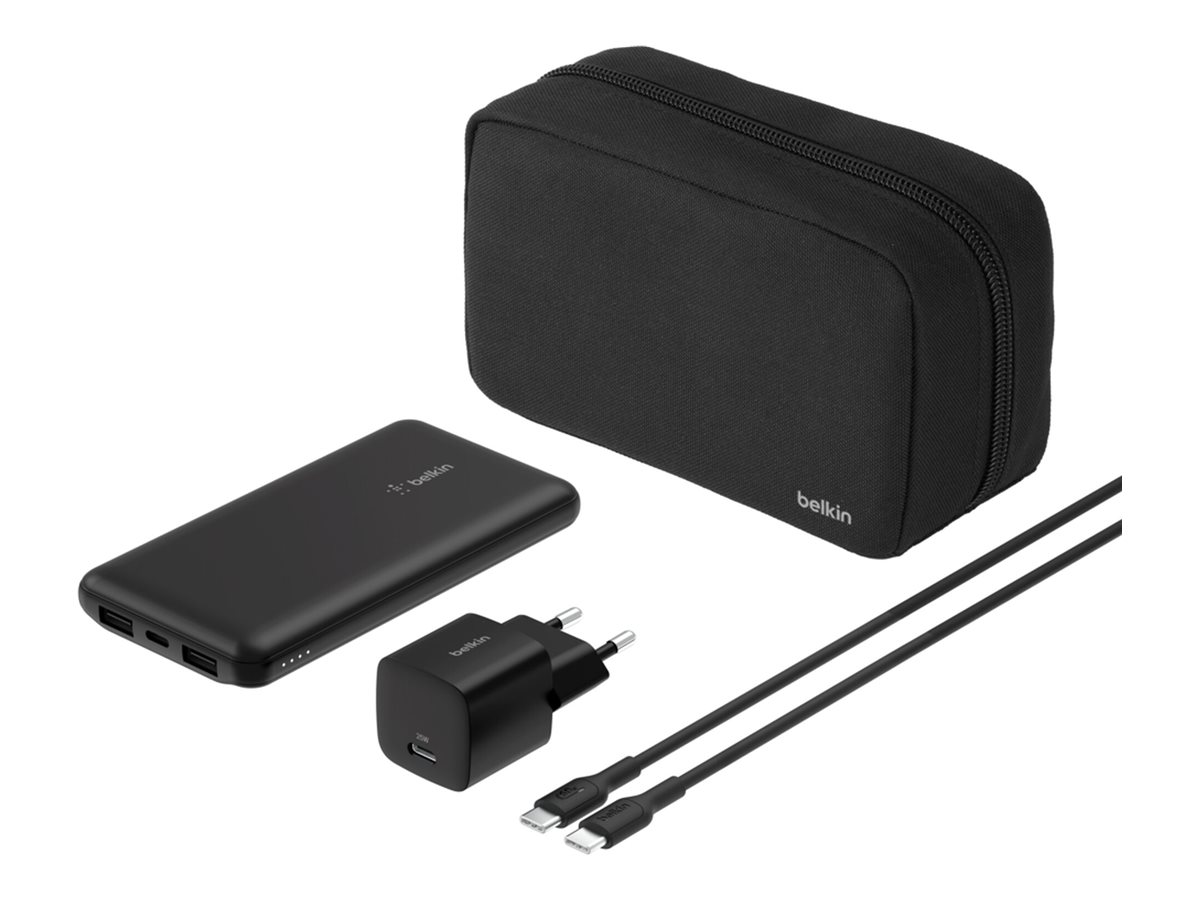Belkin BoostCharge power bank - + AC power adapter - 24 pin USB-C 2 x USB - with zippered pouch case Powerbank - Sort - 10000 mAh