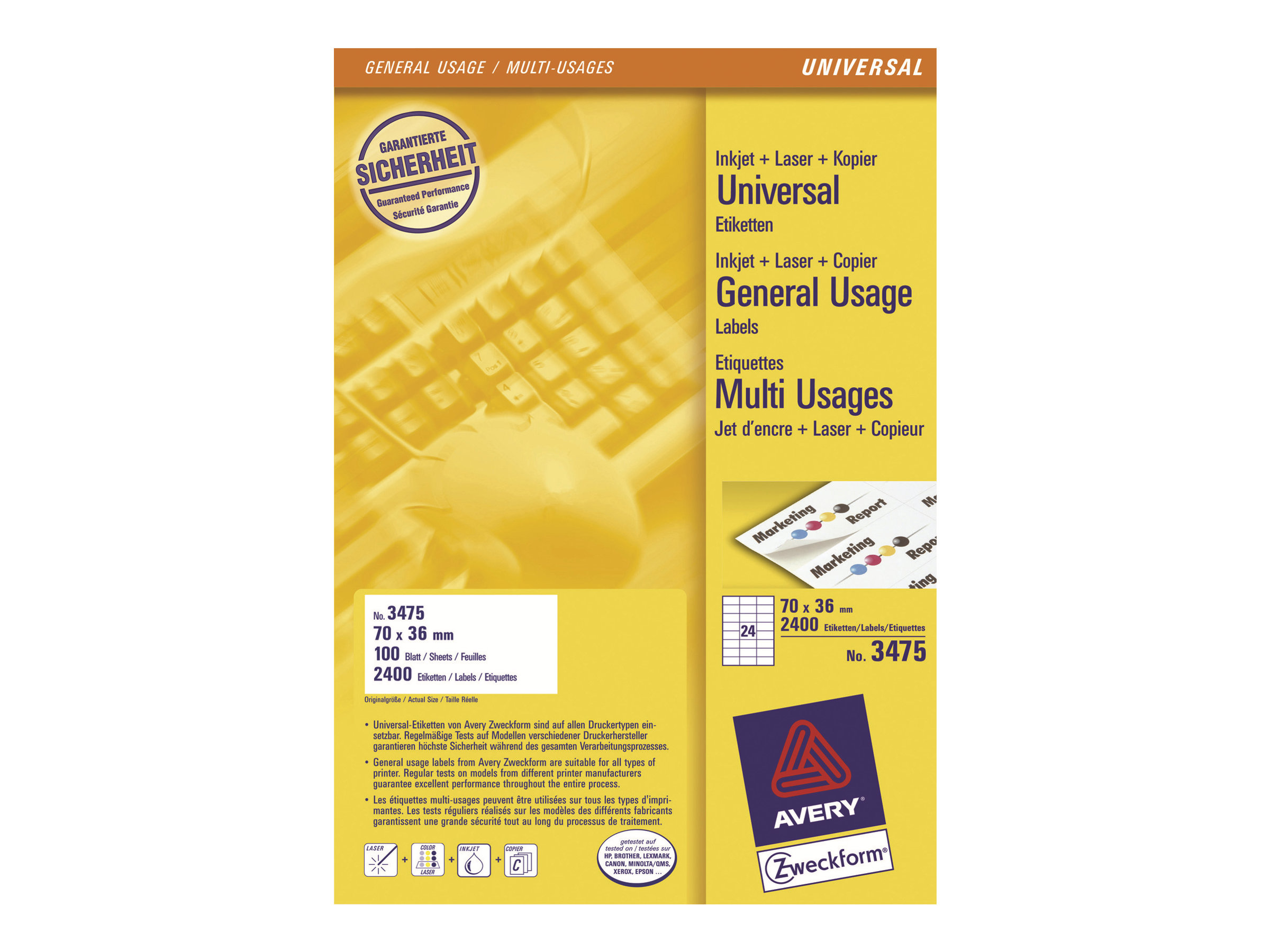 Avery - Hvid - 70 x 36 mm 2400 etikette(r) (100 ark x 24) etiketter til flere formål