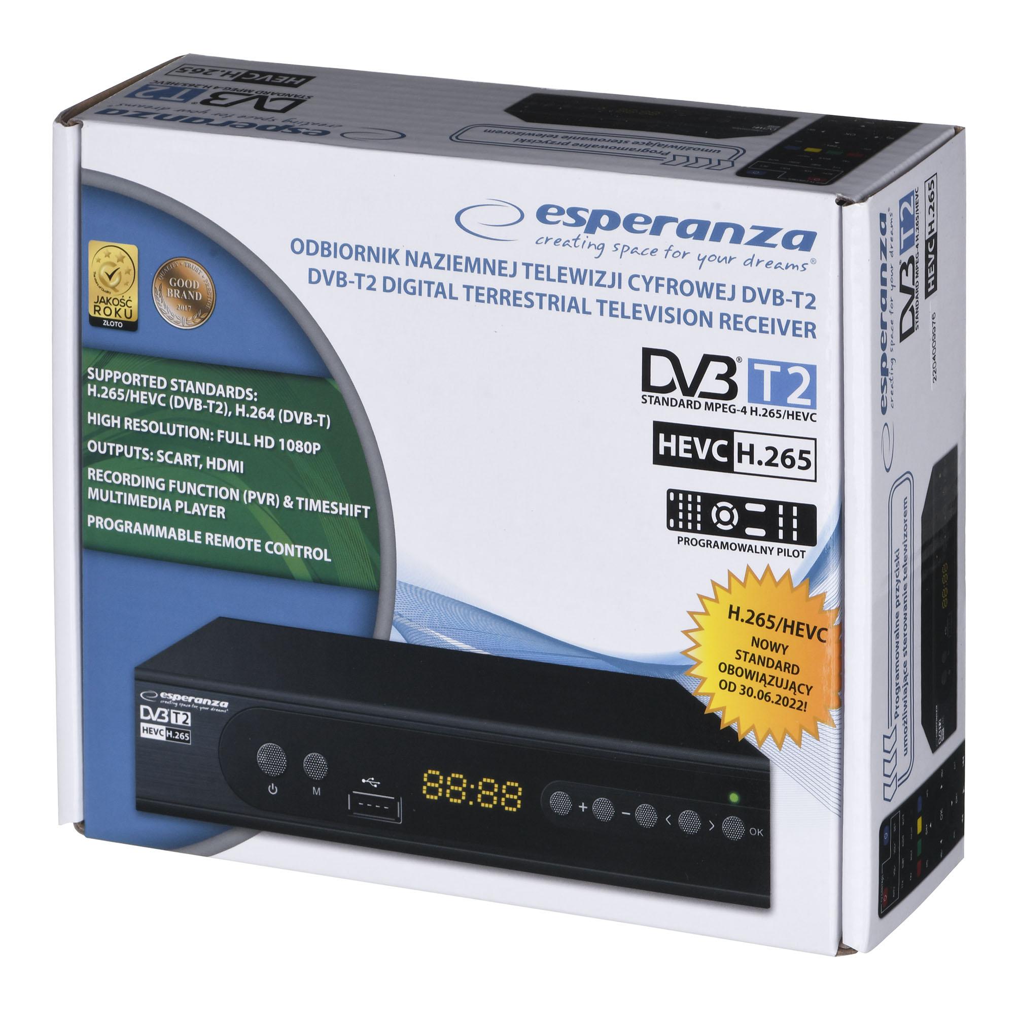 Esperanza EV106P, Kabel, DVB-T2, 576i, 576p, 720p, 1080i, 1080p, 4:3, 16:9, HEVC/H.265, MPEG2, MPEG4, Sort