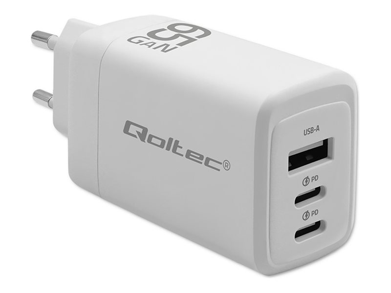Qoltec Adapter 65Watt 1xUSB-A 2.0 2 x 24 pin USB-C (PD)