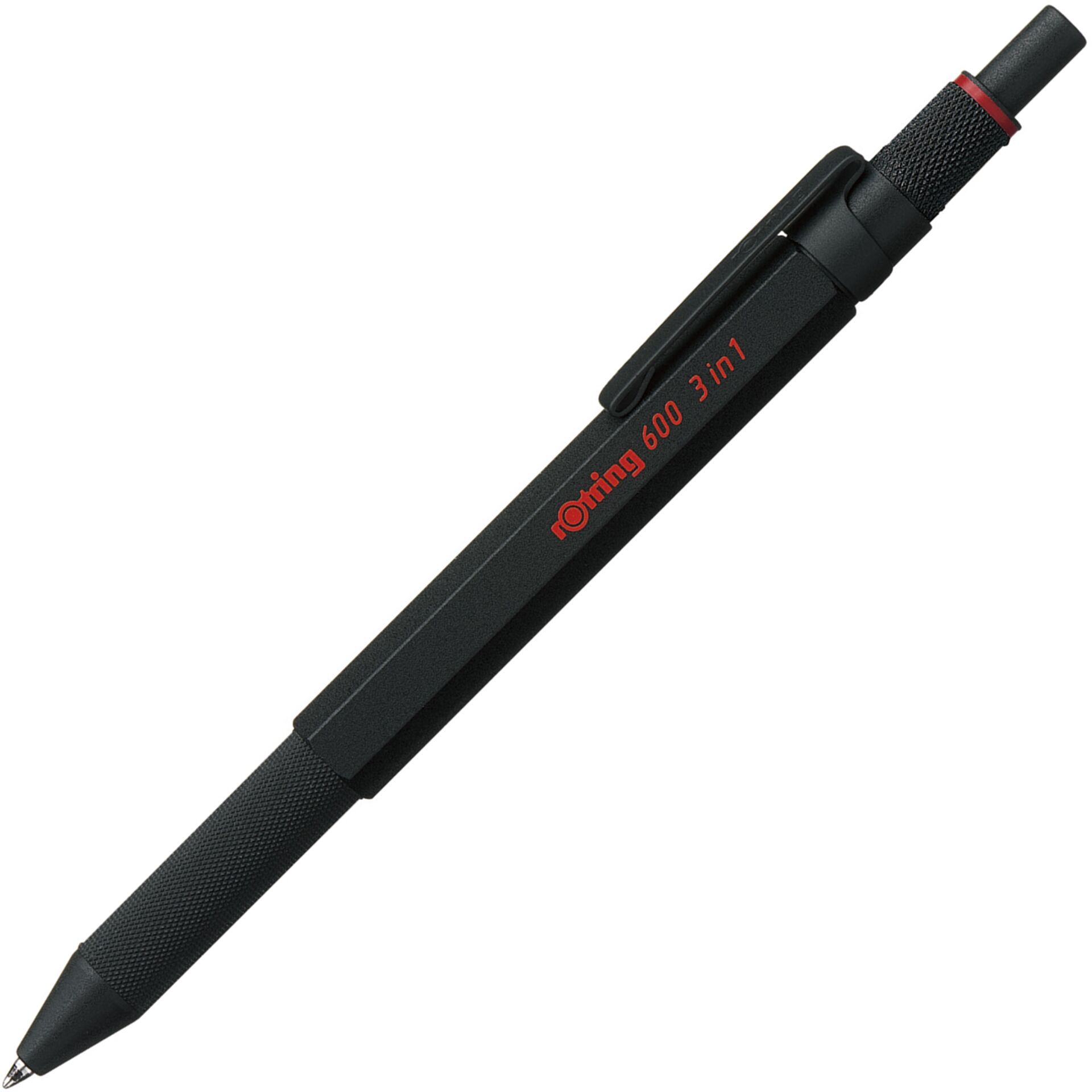 Rotring rOtring 600 3-i-1 Multifarve Pen og Mekanisk Blyant | Sort & Rød Kuglepensspidser | 1 Mekanisk Blyant Spids (0,5 mm) | Sort skaft