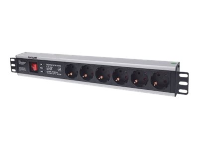 Intellinet 19" 1.5U Rackmount 6-Way Power Strip - German Type", With On/Off and Surge Protection, 3m Power Cord (Euro 2-pin plug) Stikdåse 6-stik 16A