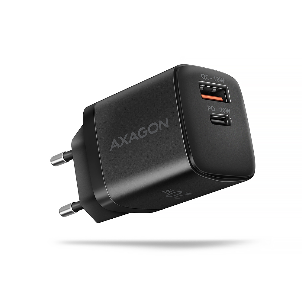 AXAGON ACU-PQ20 - Strømforsyningsadapter - 20 Watt - 3 A - PD 2.0, PD 3.0, QC 2.0, QC 3.0, QC 4.0+, Huawei Fast Charge, SCP, PD/PPS, AFC, PE+, PE 2.0+ - 2 output-stikforbindelser (USB Type A, USB-C) - sort