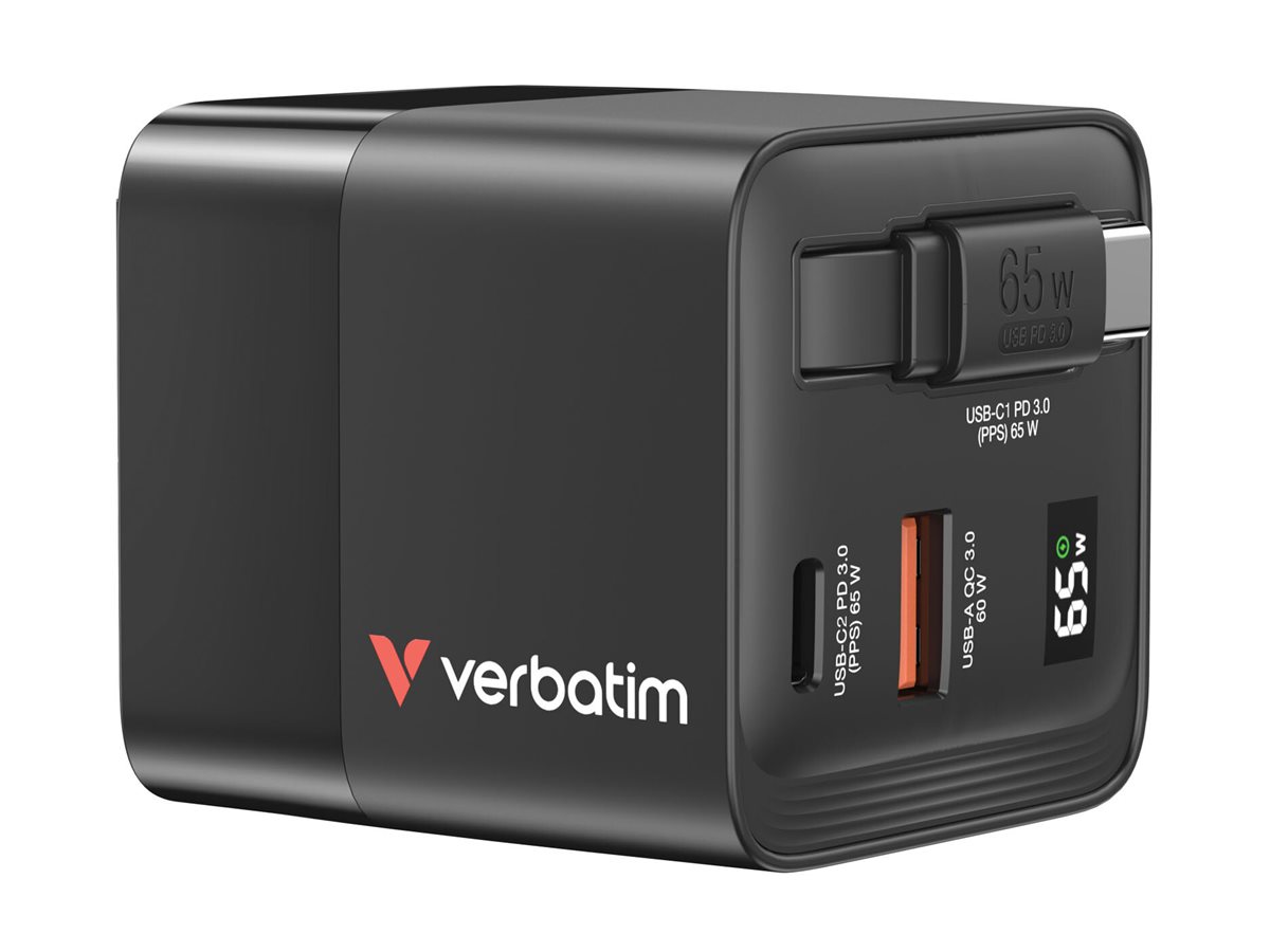 Verbatim - Strømforsyningsadapter - GaN - 65 Watt - 3.25 A - PD 3.0, QC 3.0 (2 x USB-C, USB) - sort