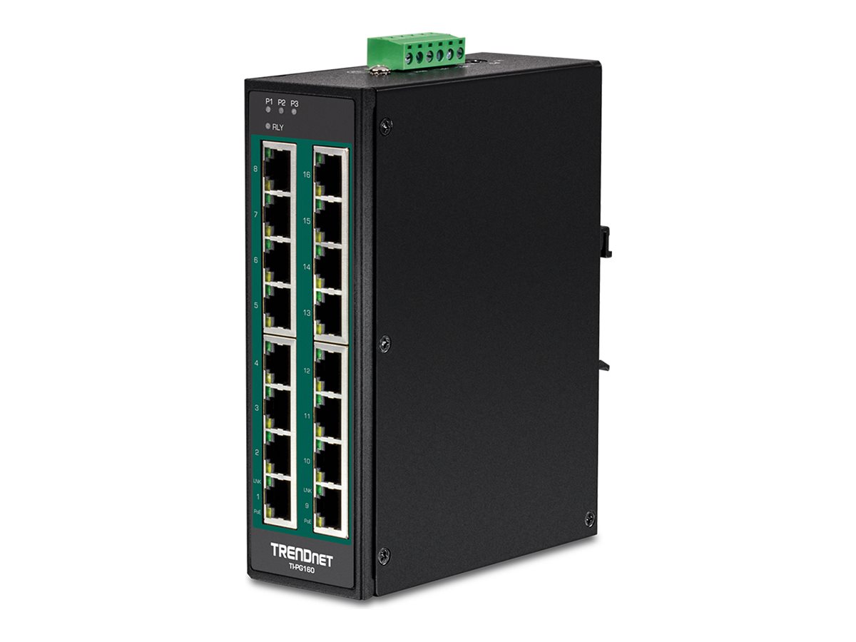 TRENDnet TI-PG160 16-Port Industrial Gigabit PoE+ DIN-Rail Switch