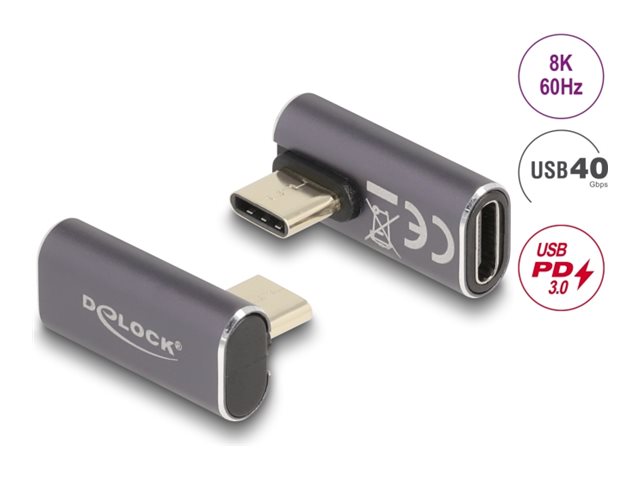 Delock - USB adapter - USB-C (han) venstrevinklet til USB-C (hun) - USB 3.2 Gen 2 / DisplayPort 1.4 /Thunderbolt 3 - 20 V - 5 A - Power Delivery 3.0 support, Fast Charging op til 100 W, op til 40 Gbps datatransferhastighed, 8K60 Hz support - antracit (sort)