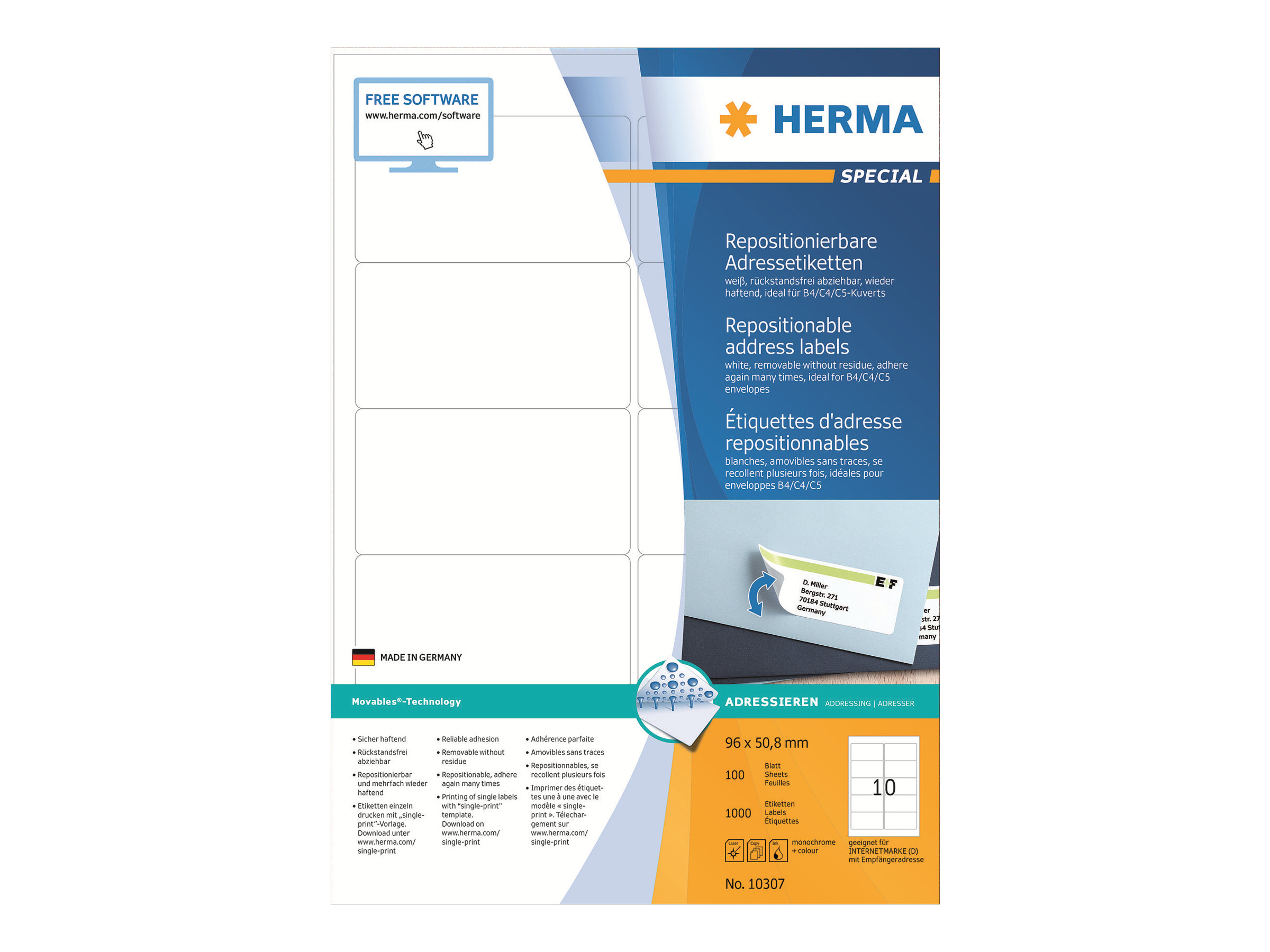 HERMA Special - Papir - mat - genpositionerbar selv-klæbende - hvid - 96 x 50.8 mm 1000 etikette(r) (100 ark x 10) adresseetiketter